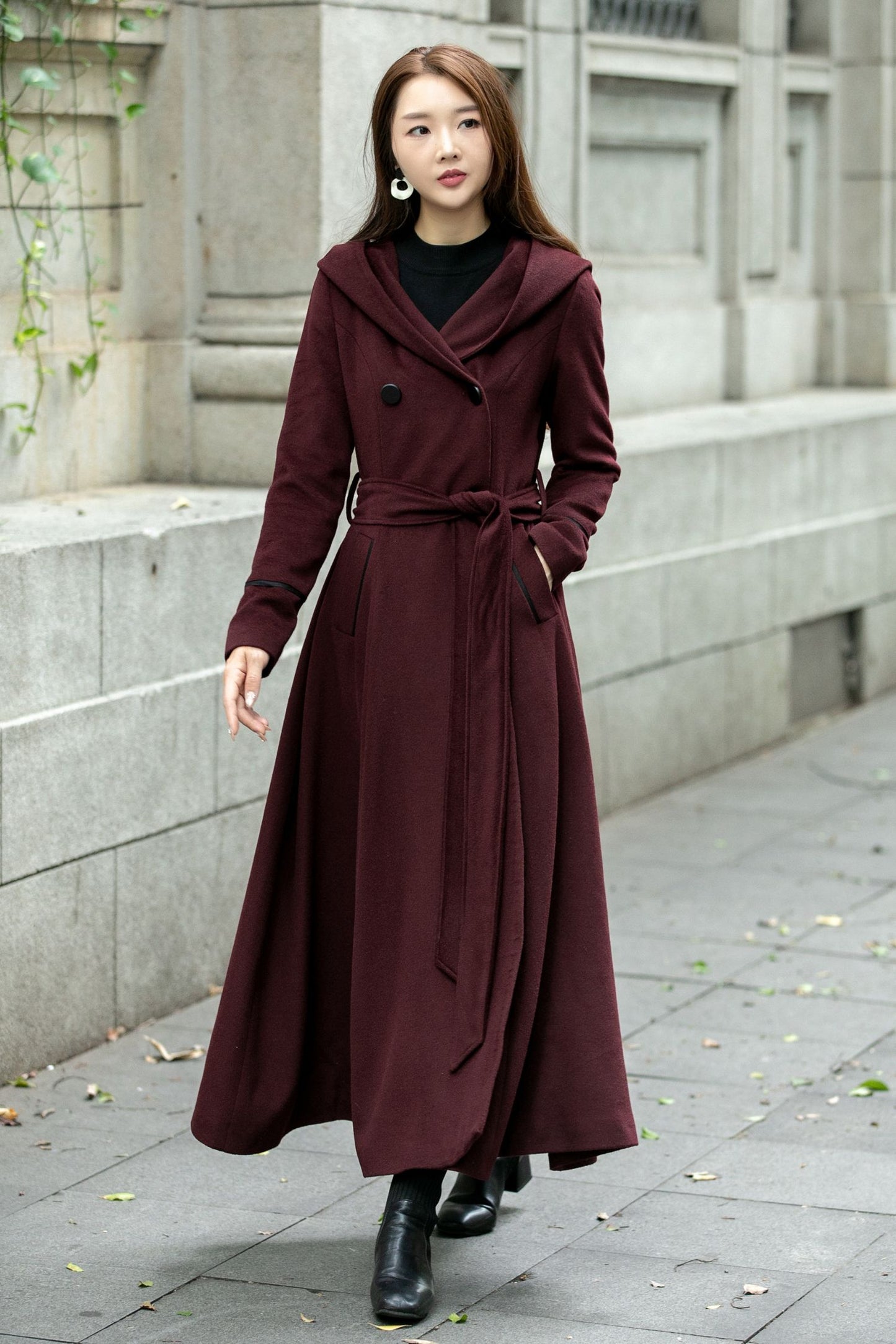 Hooded maxi winter trench wool coat C4506