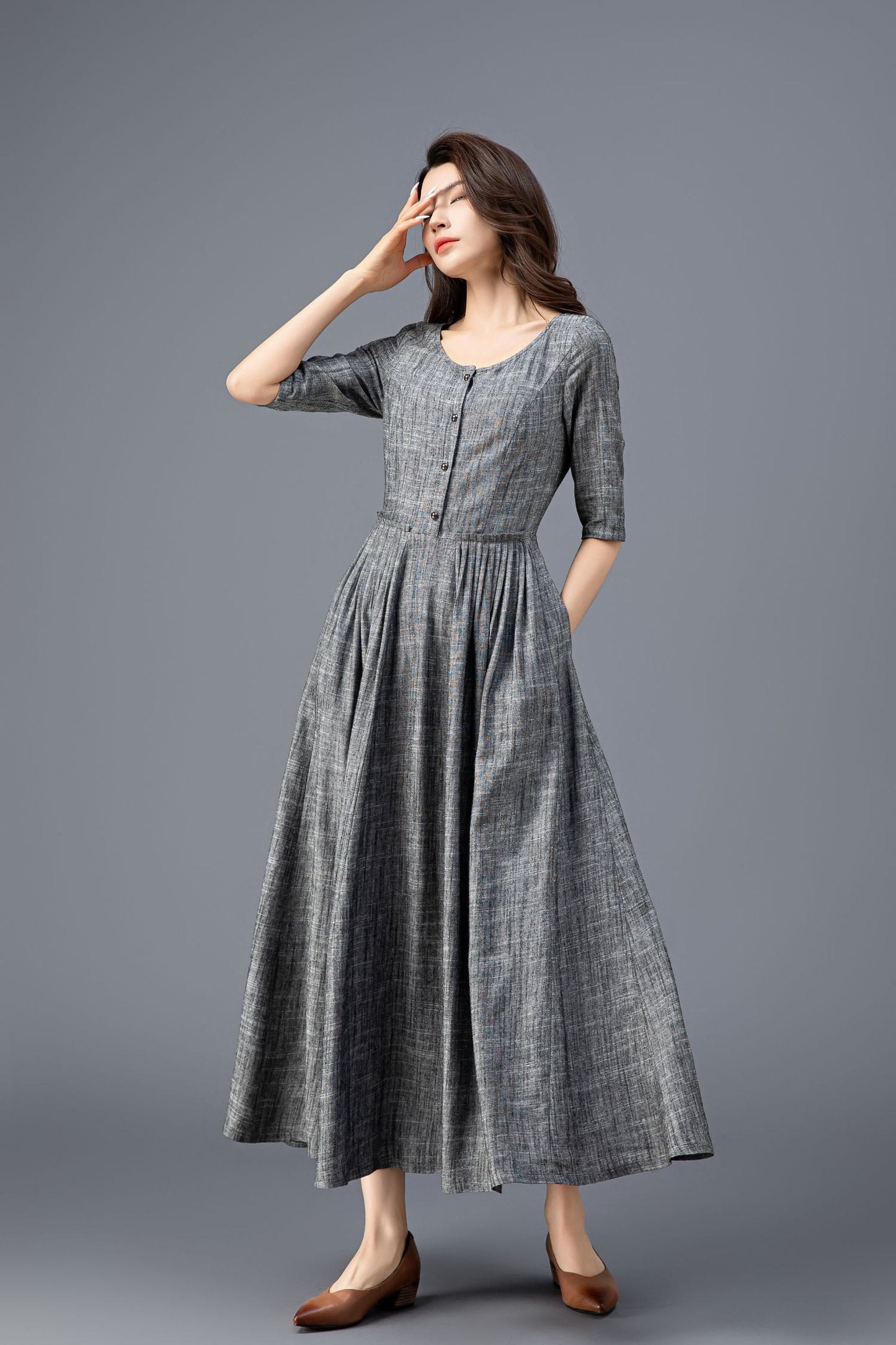Women's Gray Linen Dress C3916