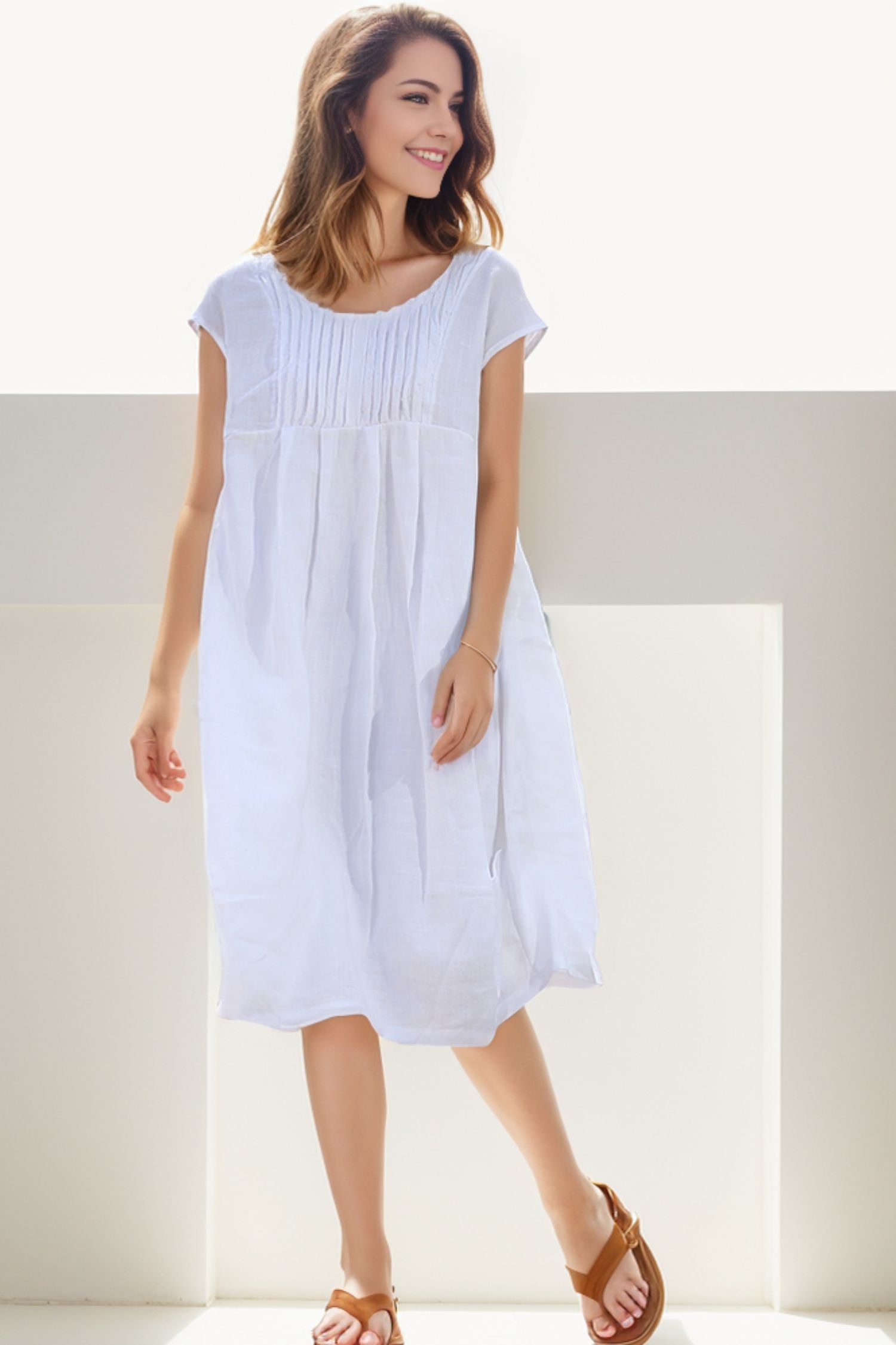 White Cotton Loose-Fitting Midi Length Summer Floaty Dress C260 YLISTYLE White Cotton Loose-Fitting Midi Length Summer Floaty Dress C260 YLISTYLE