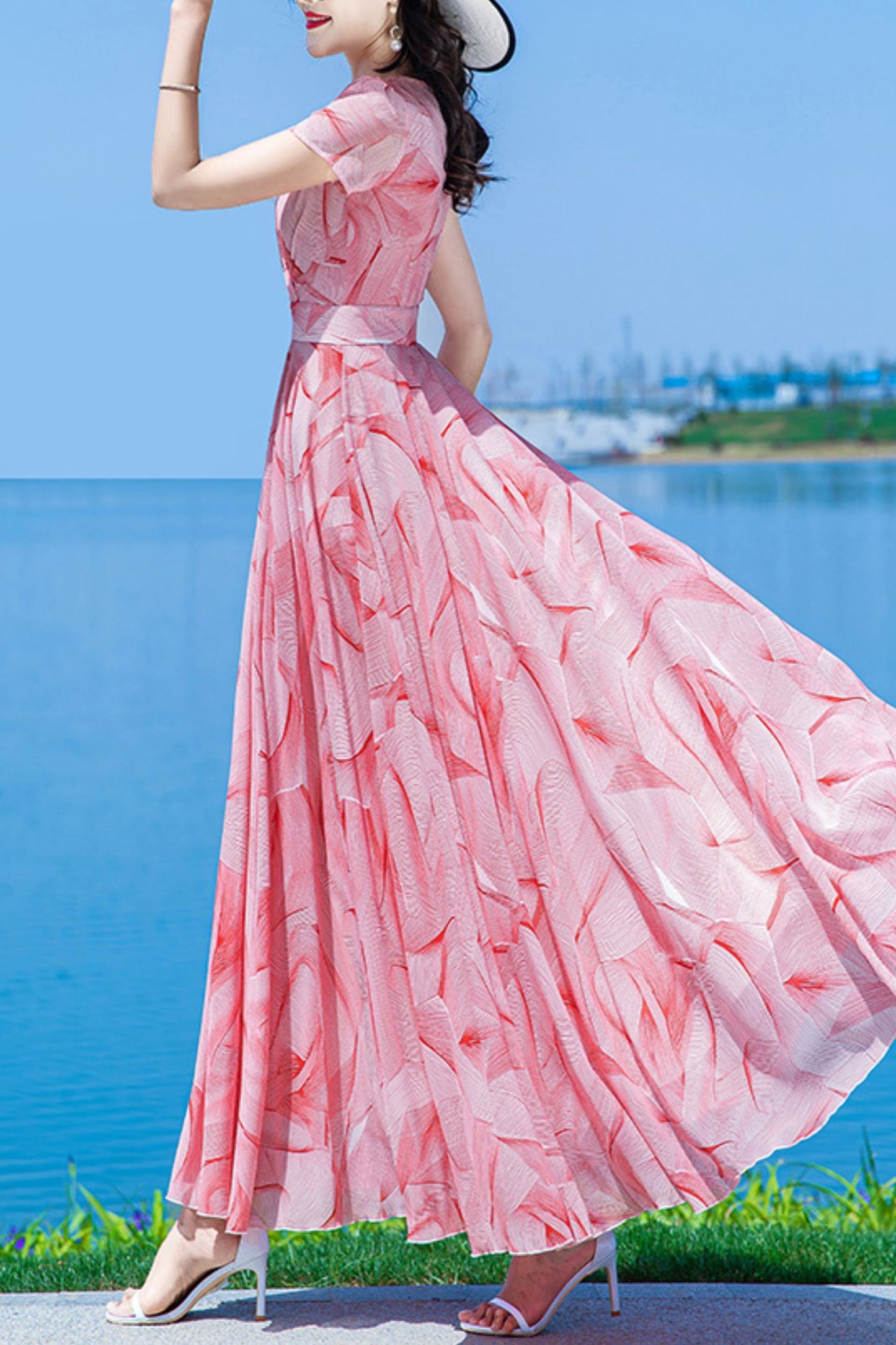 summer new pink chiffon big swing dress C4023