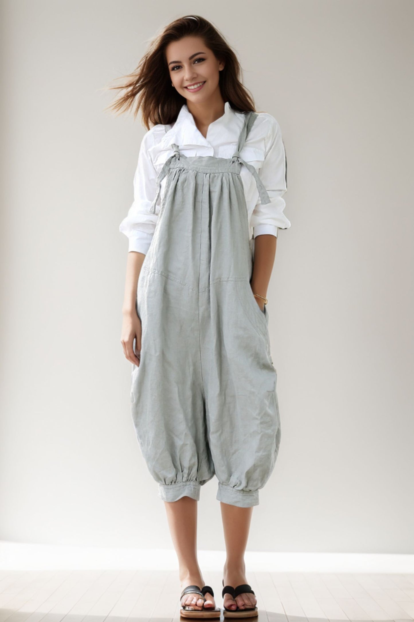 womens linen gray loose casual Wide leg jumpsuit C285