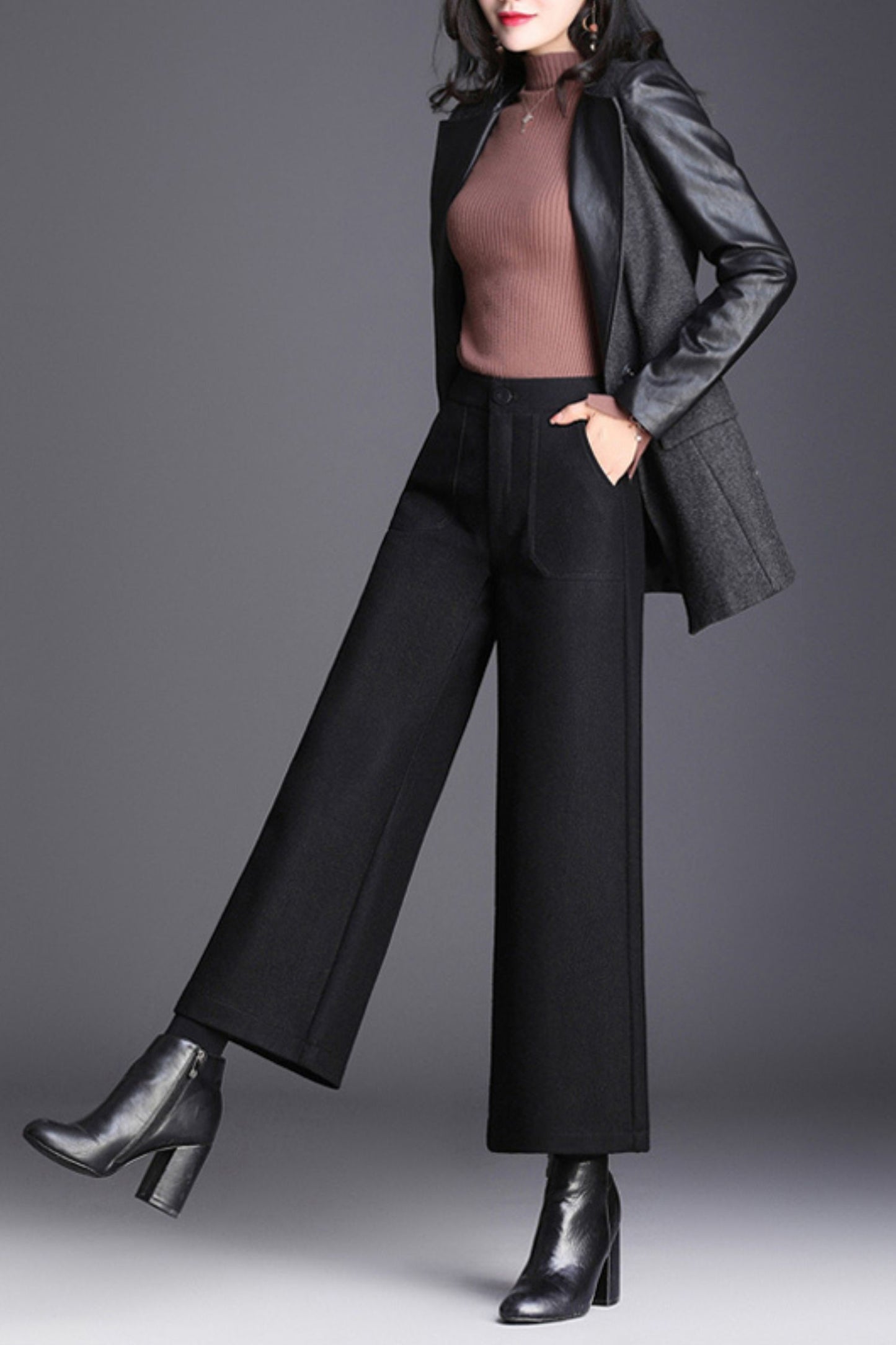 Midi wide leg wool pants women c5080