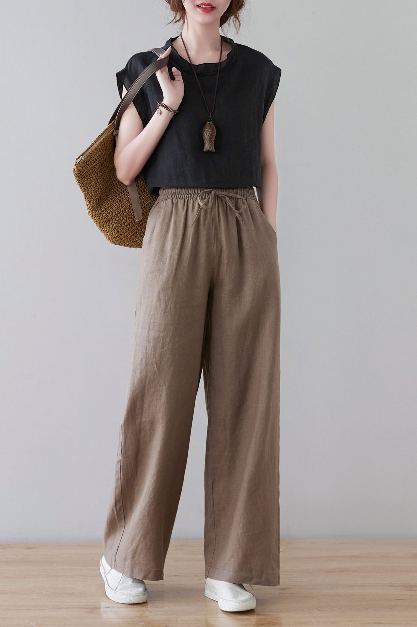 Elastic waist wide leg linen pants for women C2133