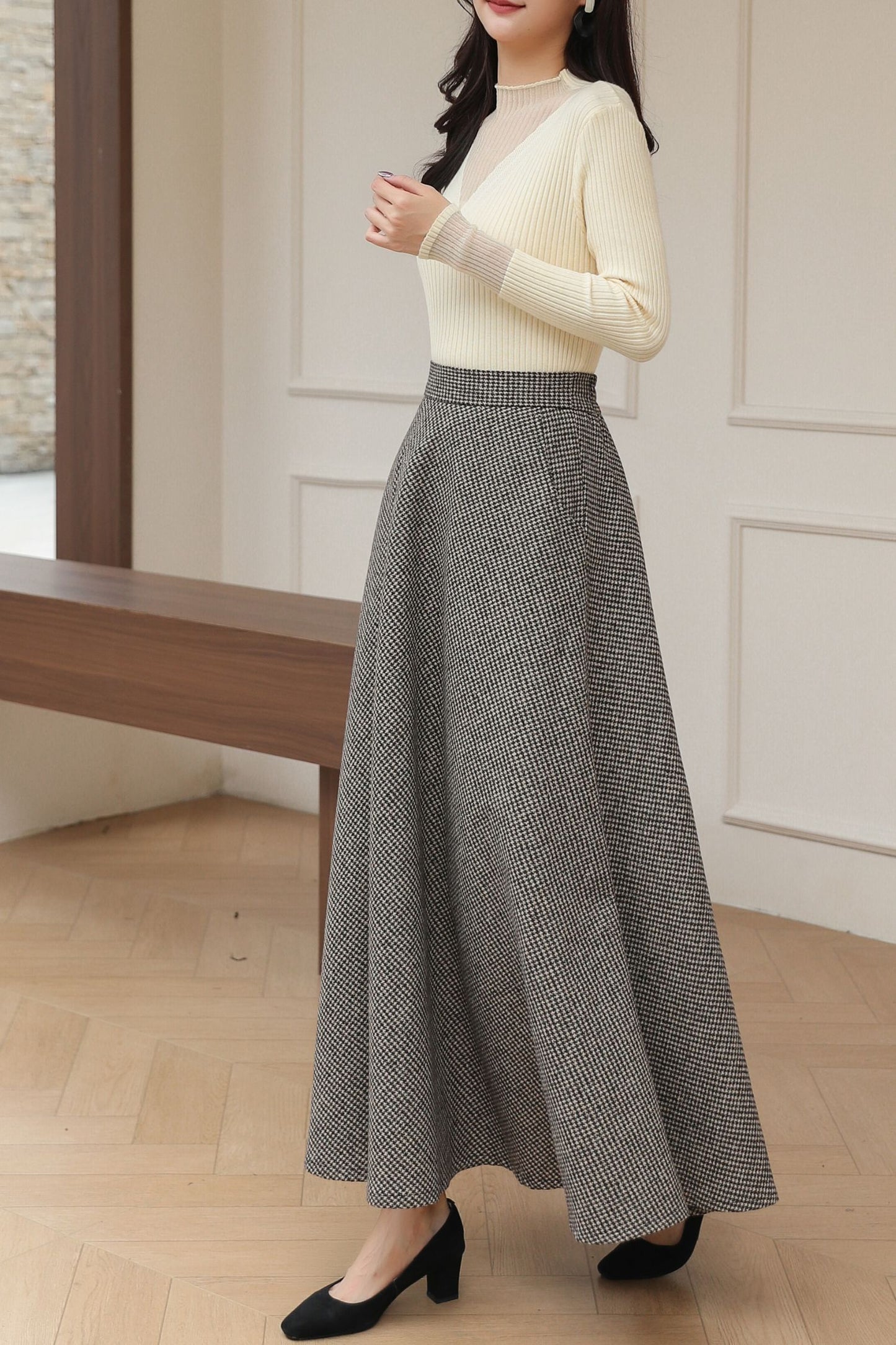 Vintage Classic Long Maxi Plaid Wool Skirt C5190