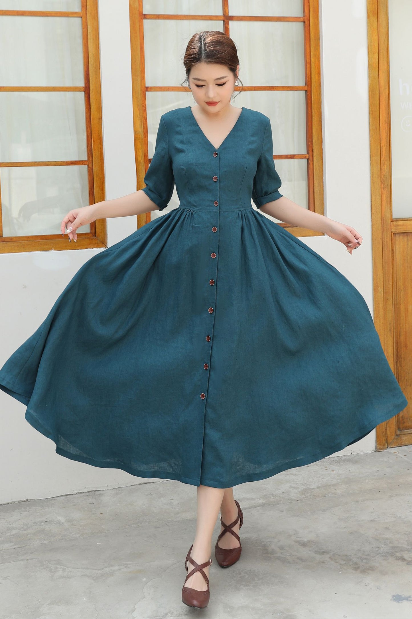 Button Front linen Midi dress c4839