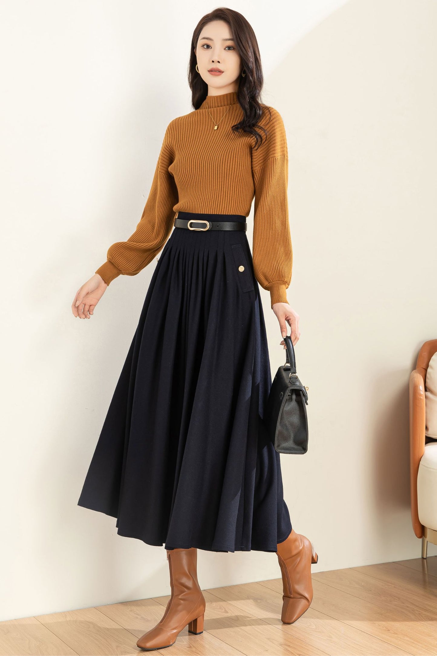 Navy Blue Wool Midi Skirt C3603