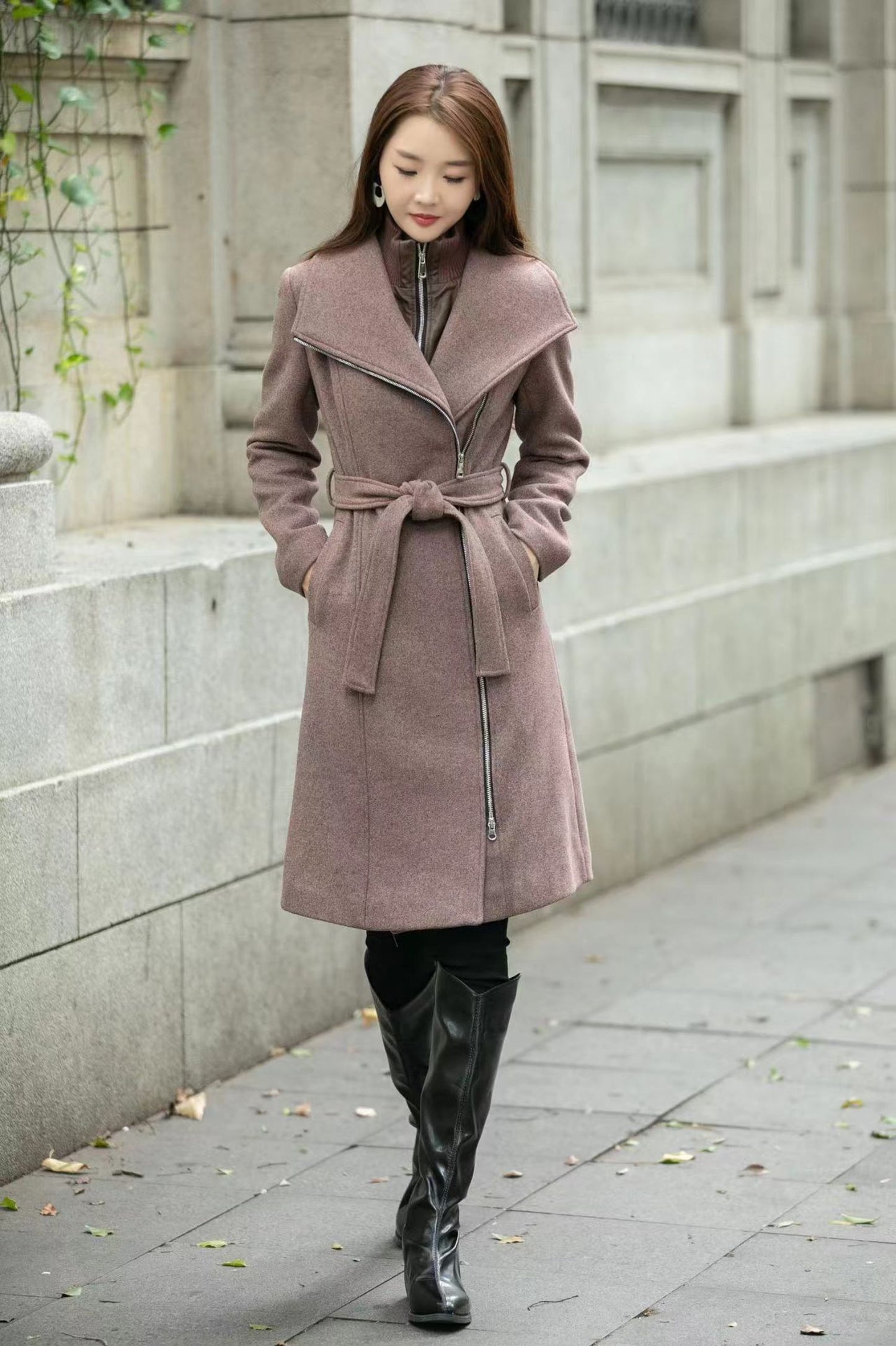 Tie belt asymmetrical winter wool coat C4508