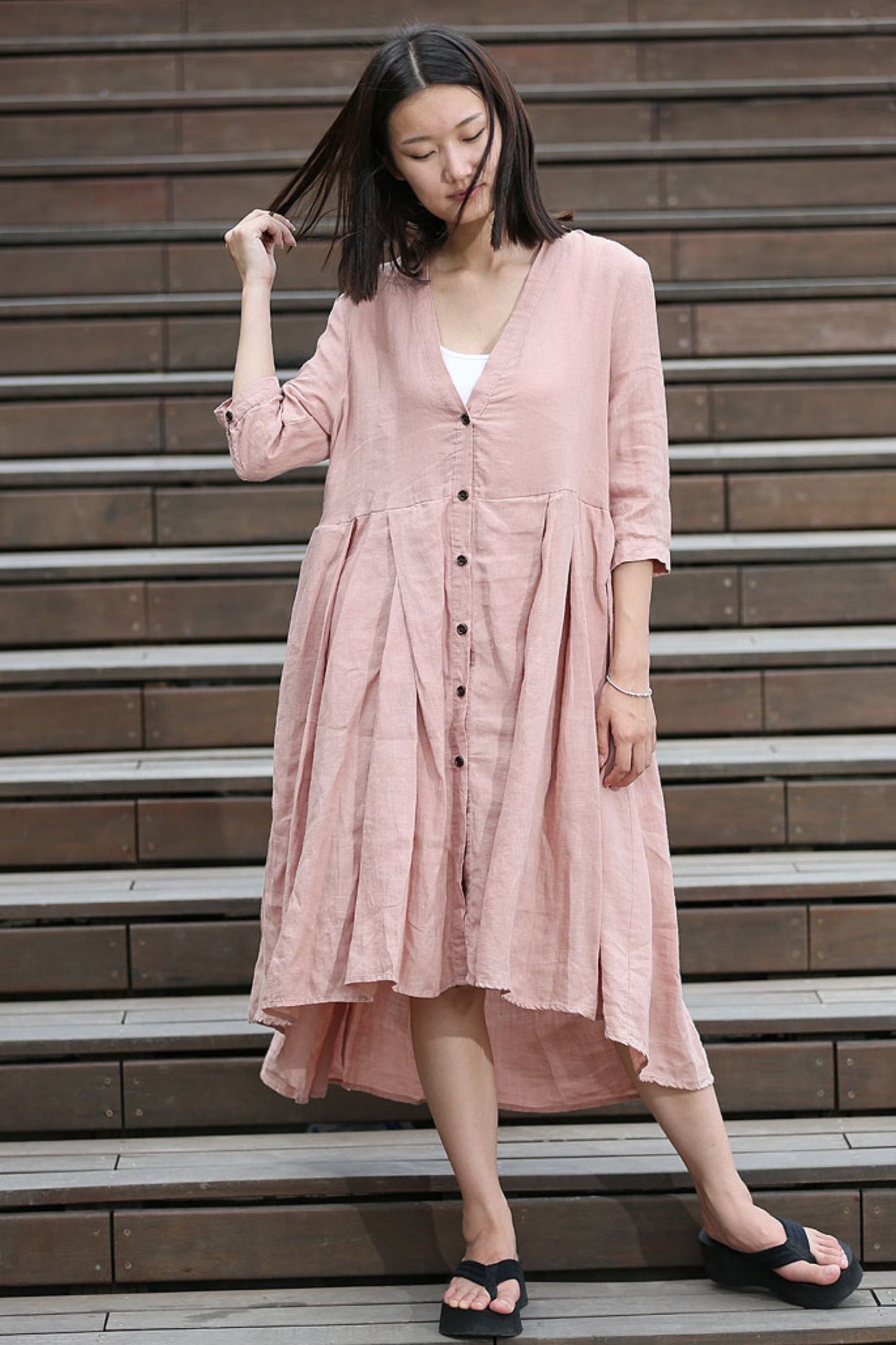 Casual Linen Loose-Fitting Pleated Shirt Dress C276