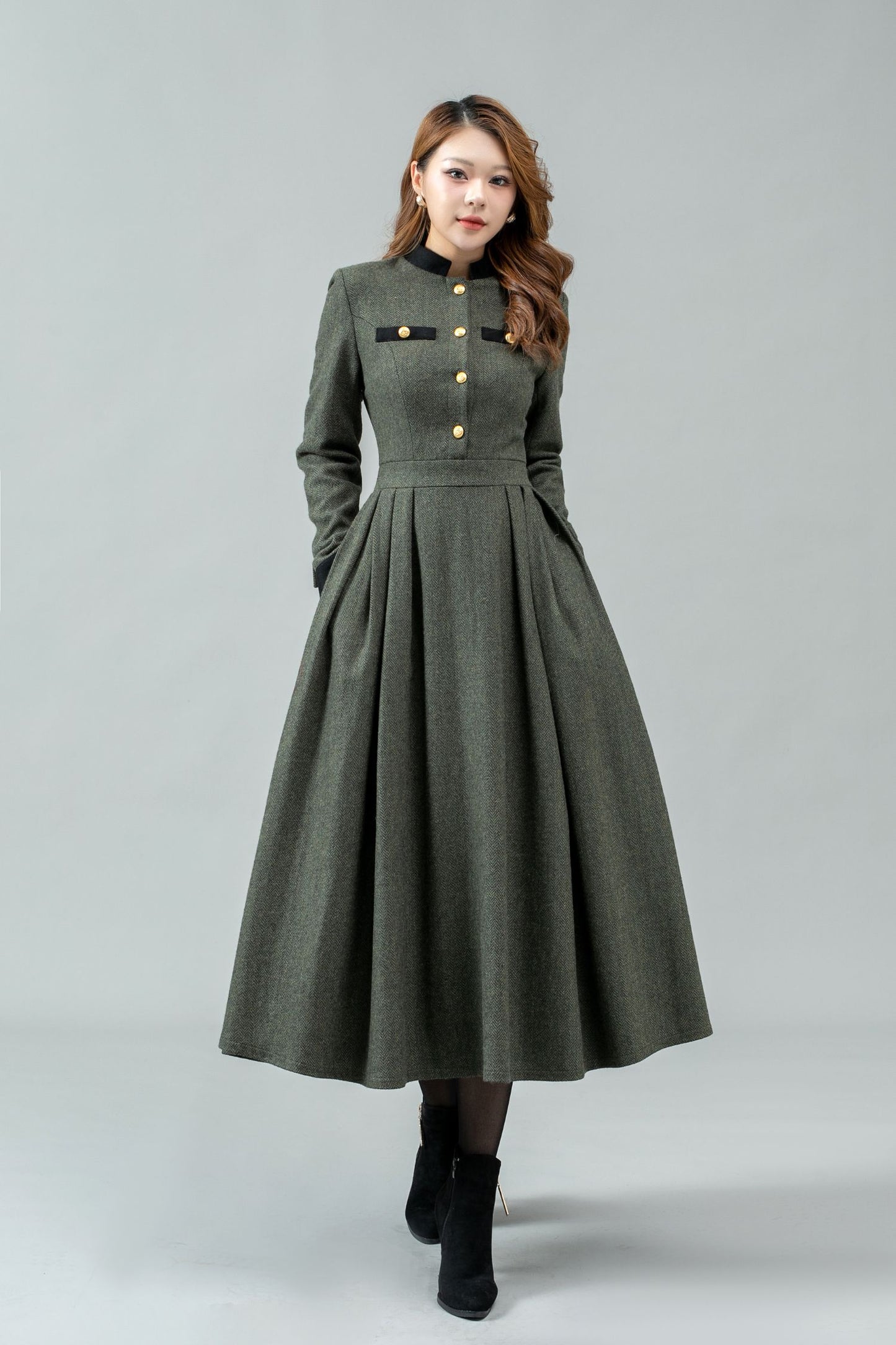Button front army green winter wool dress C4441