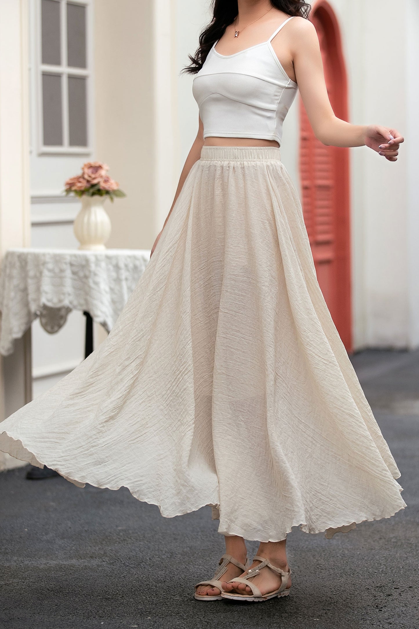 A line beige long linen skirt women C5033