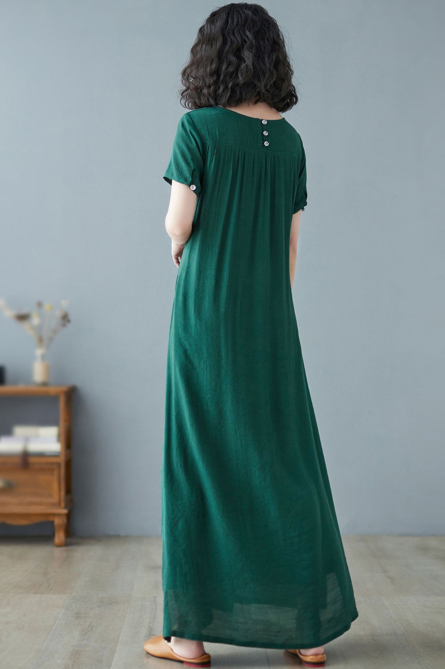 Green Cotton Linen Maxi Dress - Asymmetrical Hem, Oversized Fit C2729