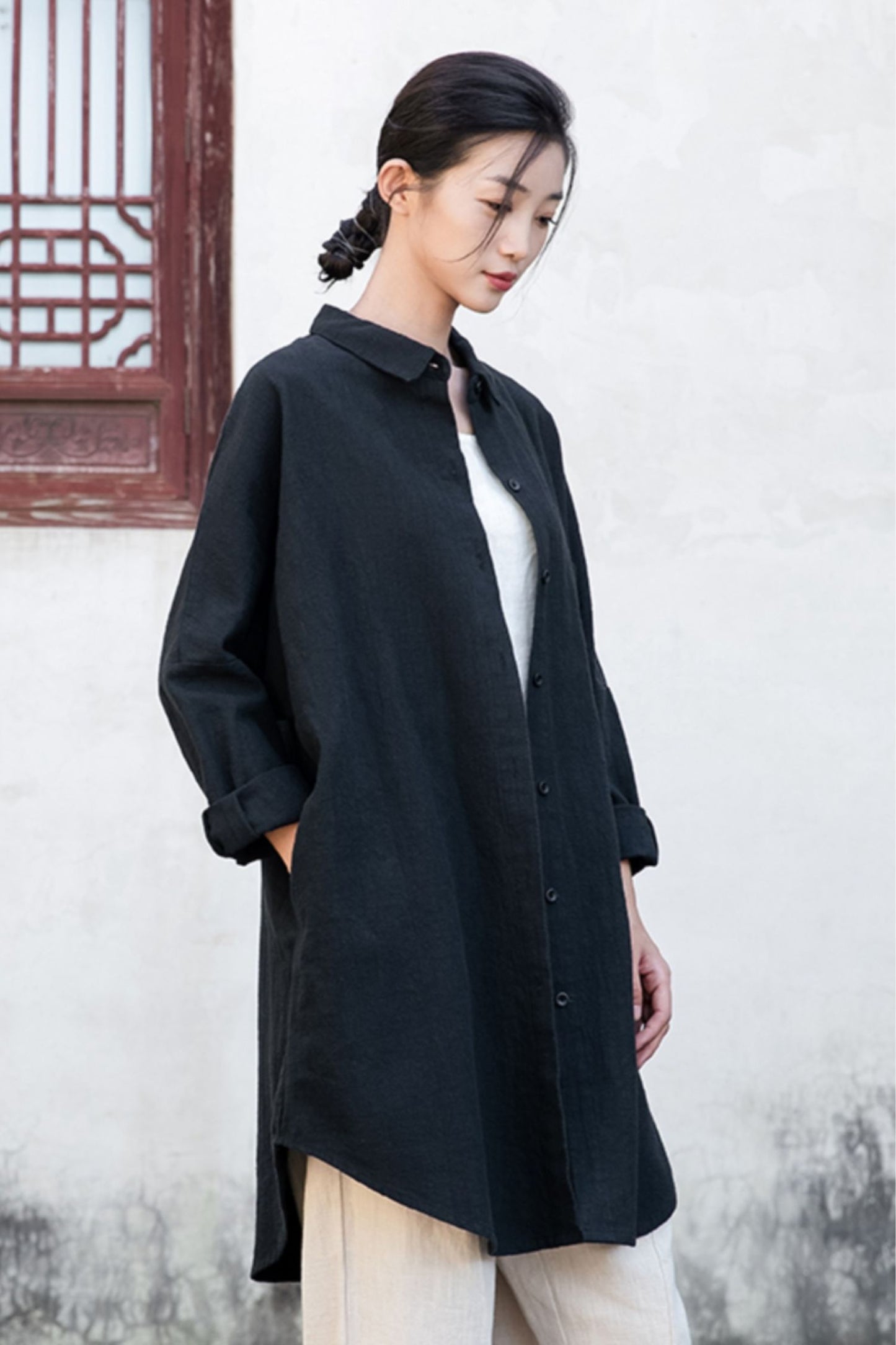 Cotton Linen Long Sleeve Lapel Shirt C3889