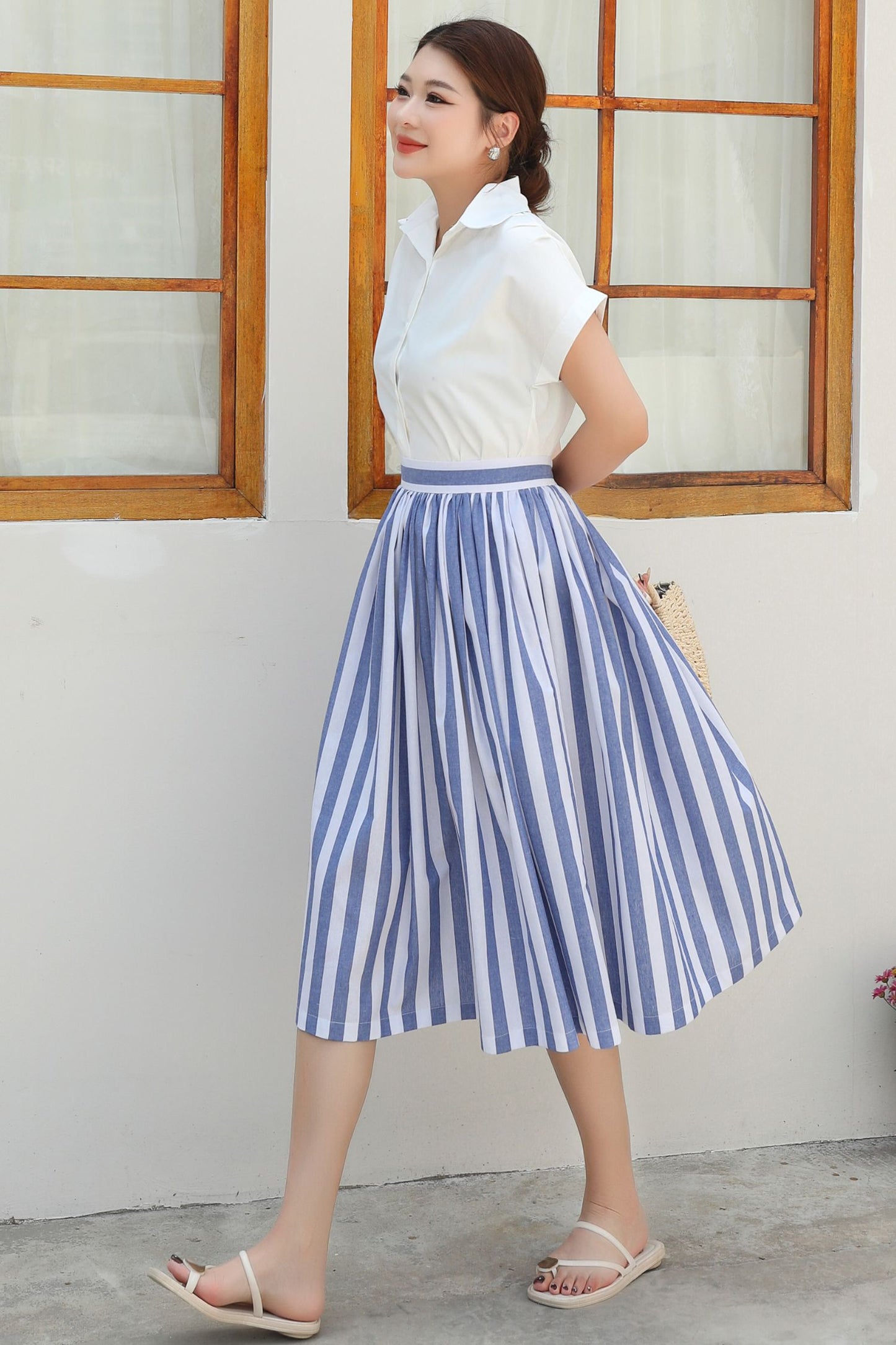 Striped linen Midi A-Line Skirt c4840