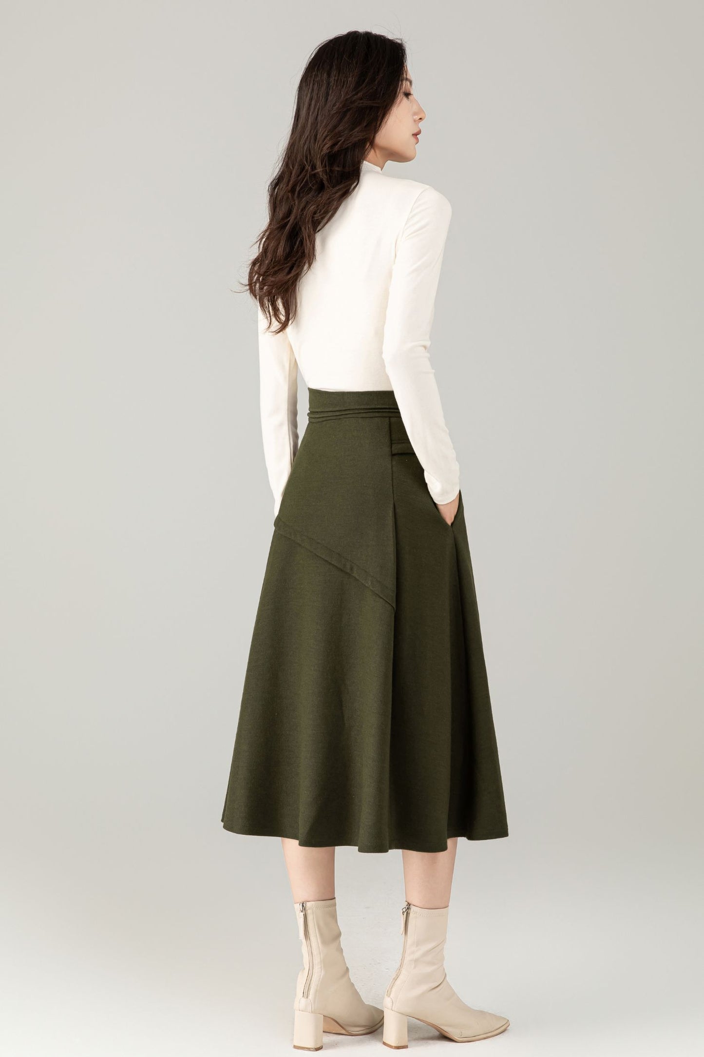 Green Wool Midi Skirt – A-Line Skirt with Pockets C5238