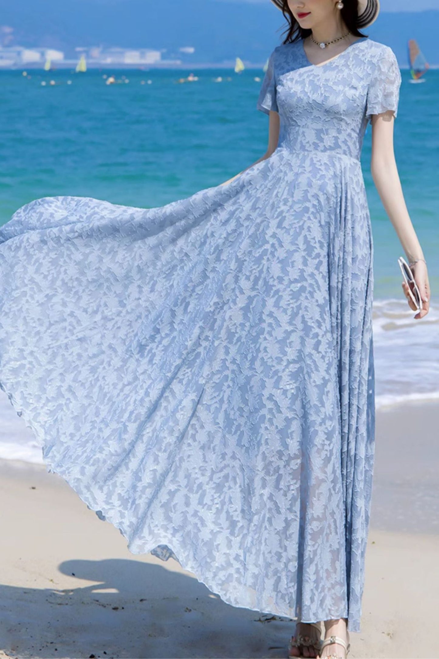 Summer blue chiffon floral dress C4112