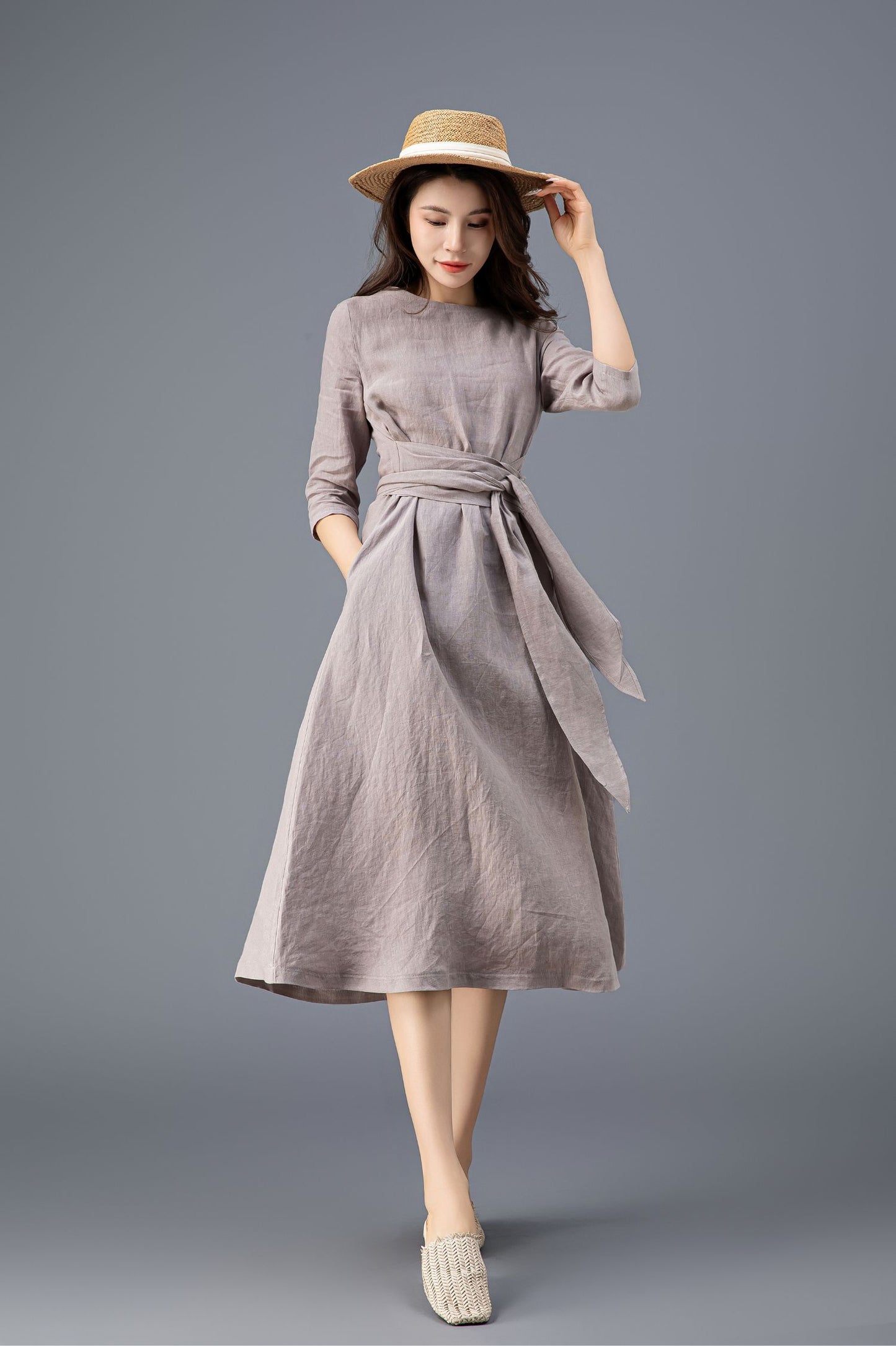 Women's Grey Linen belted Dress C3915
