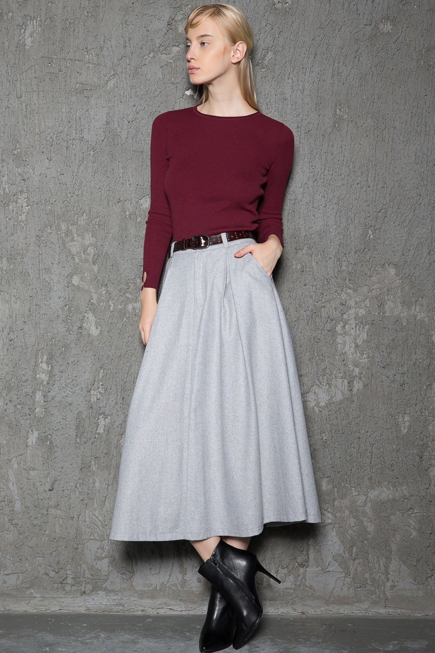 Gray pleated winter wool skirt women C737