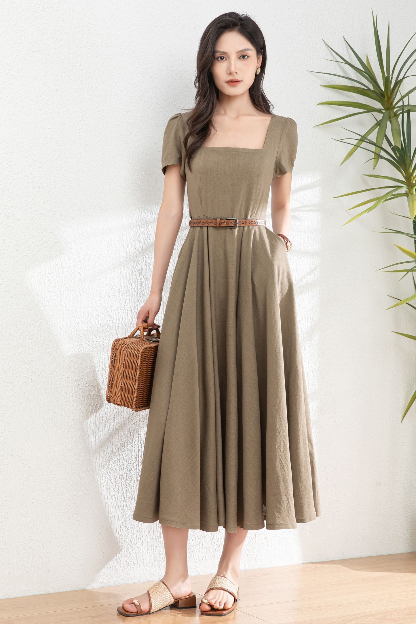 Womens Summer Green Linen Dress c4985