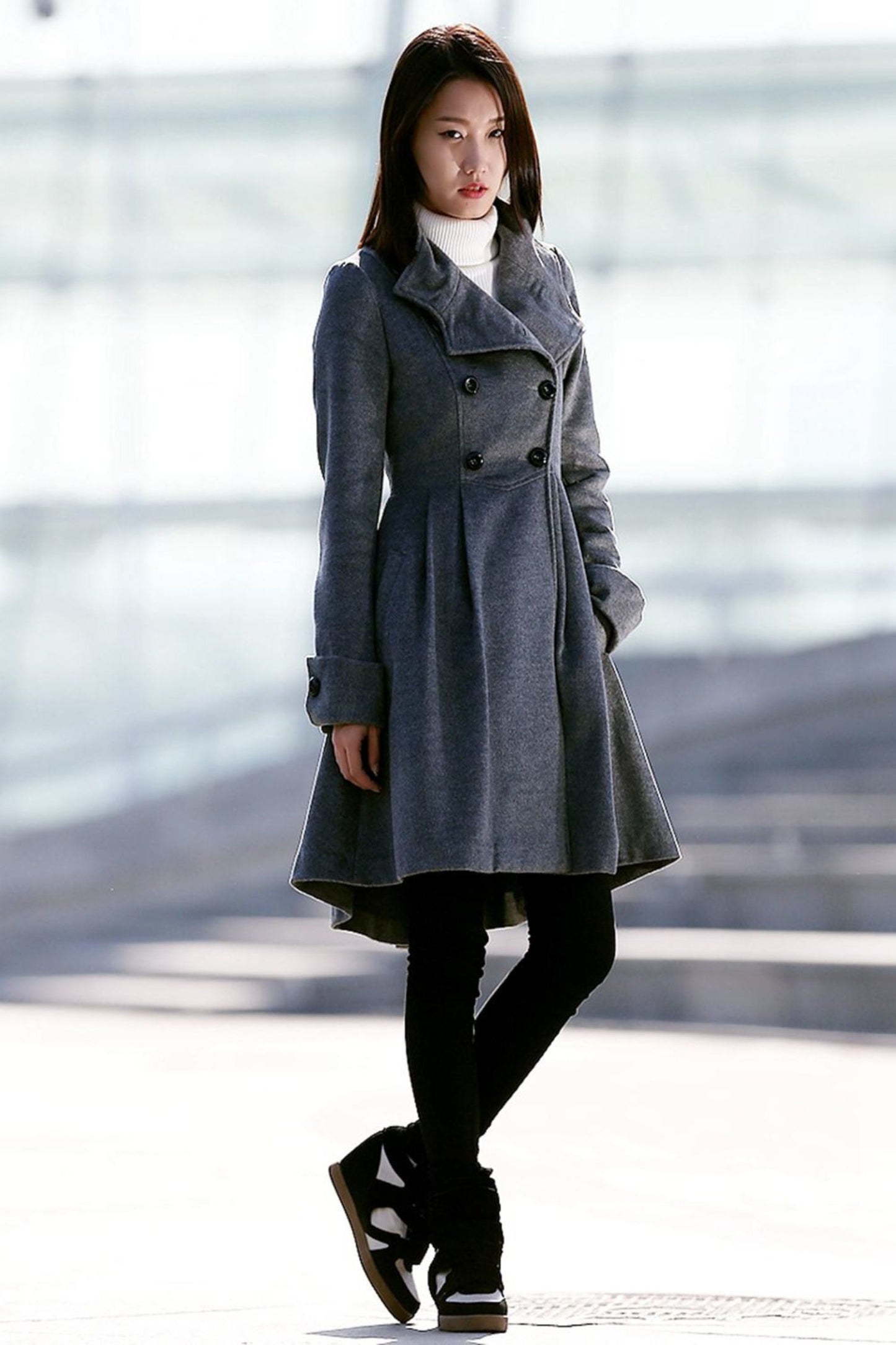 Asymmetrical winter wool coat with pockets C157