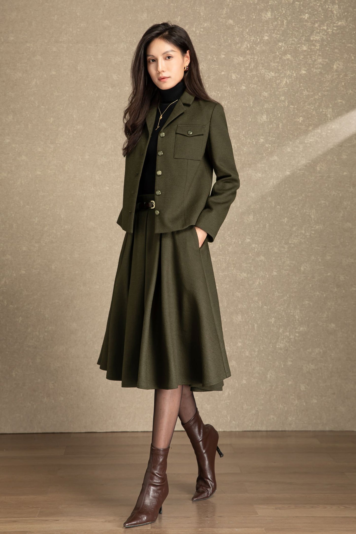 Army green pleating winter wool skirt C4486