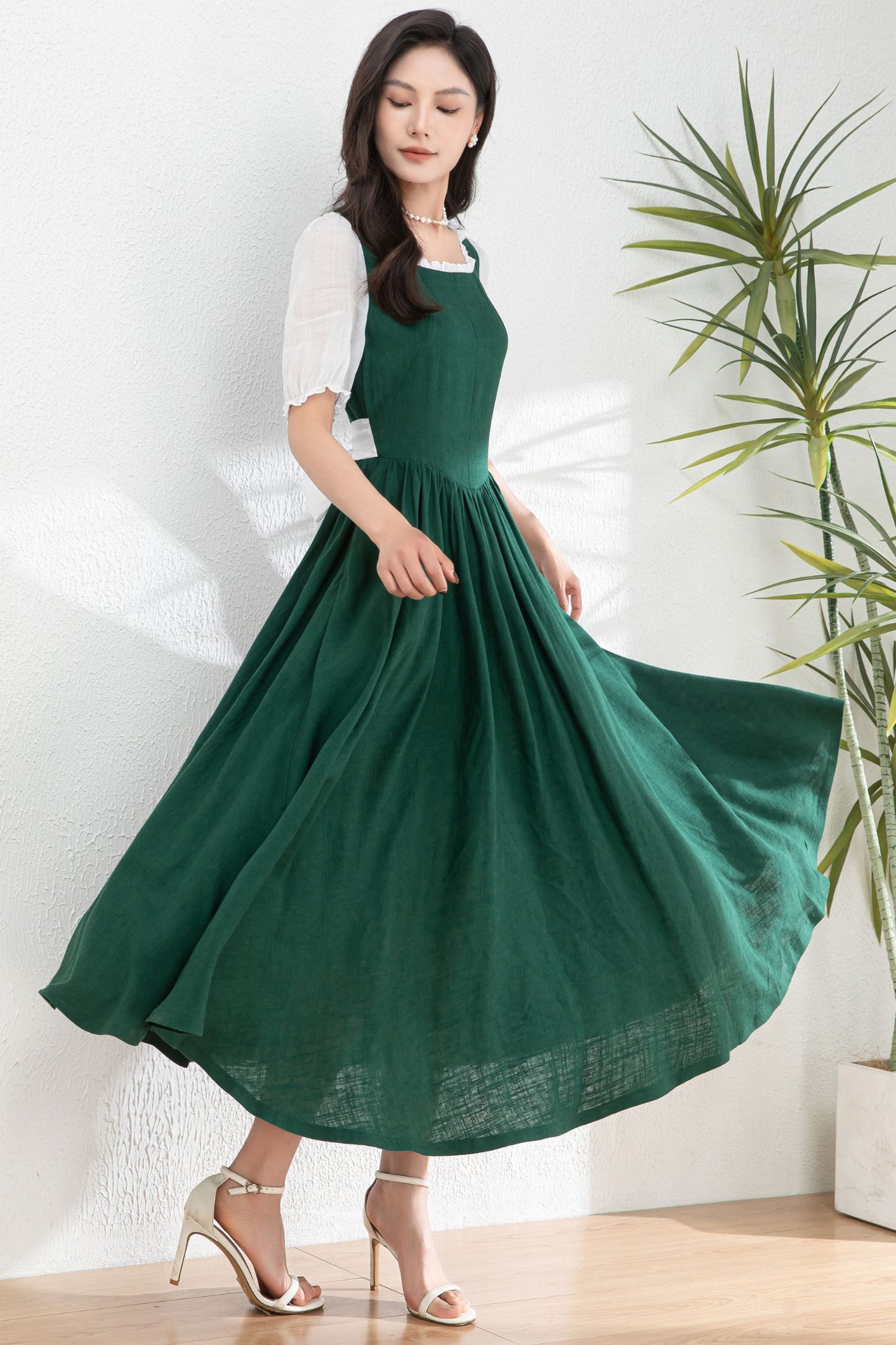 Womens dark green Linen midi Cottagecore Dress c4978