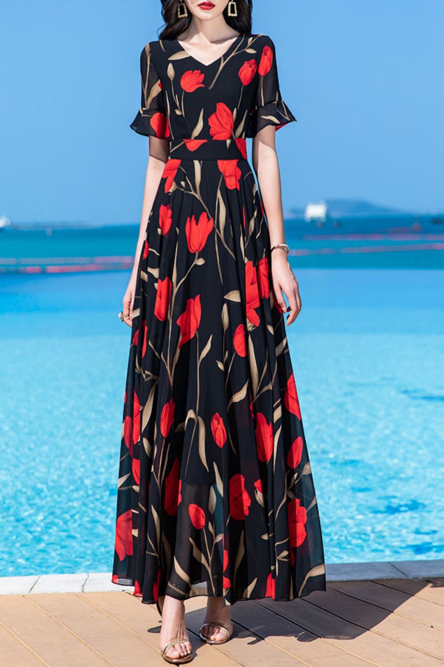 Floor-length summer new French long chiffon dress women C4031
