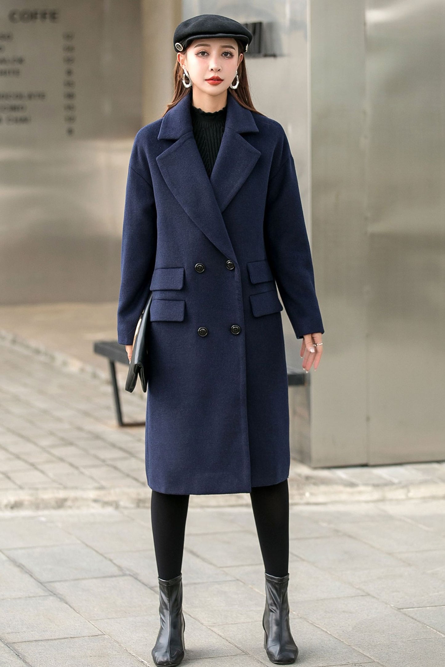Navy Blue Long Winter Wool Coat C2544