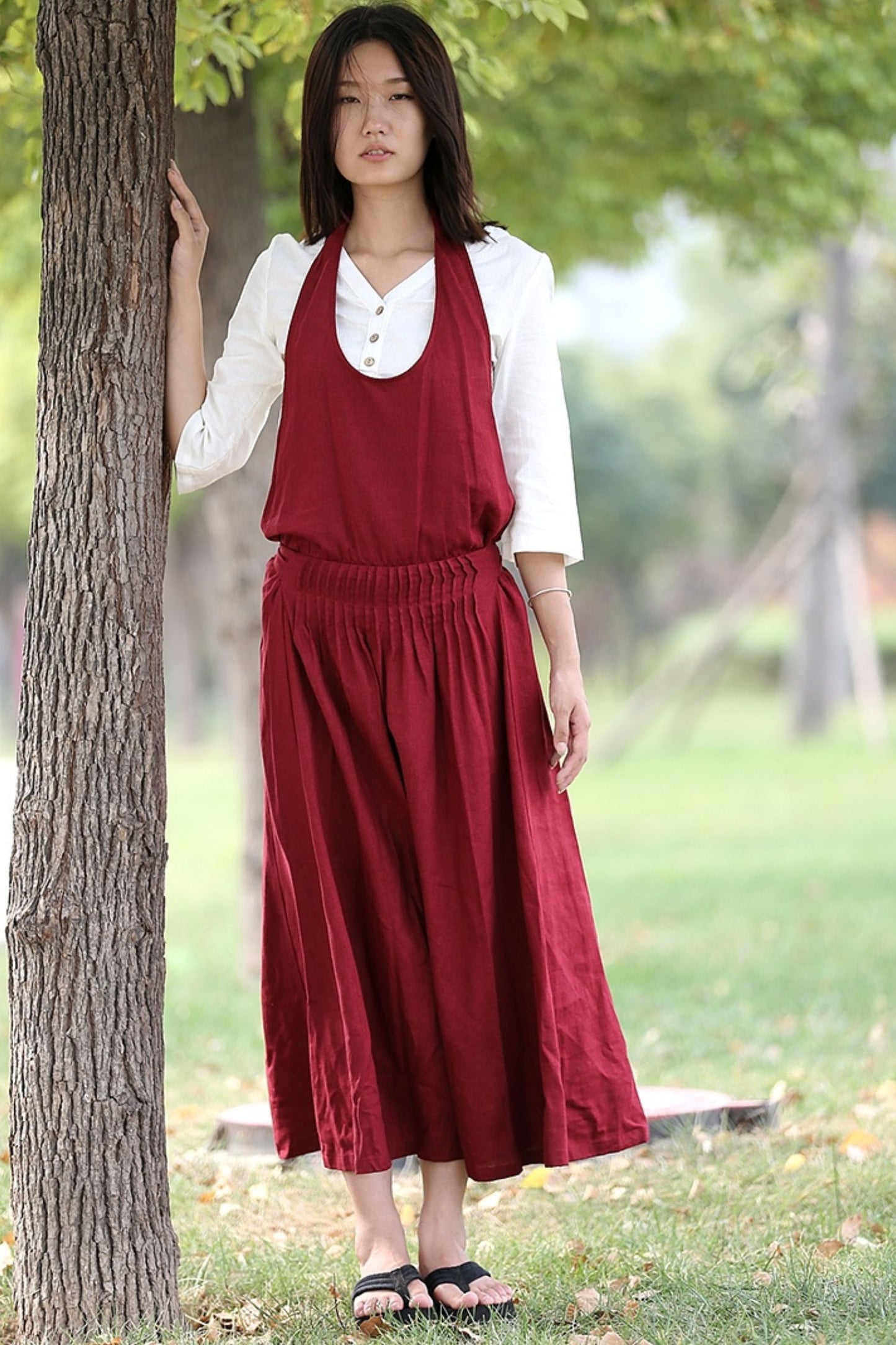 Red Linen Maxi Suspender Dress - Loose Fit, Pockets C280