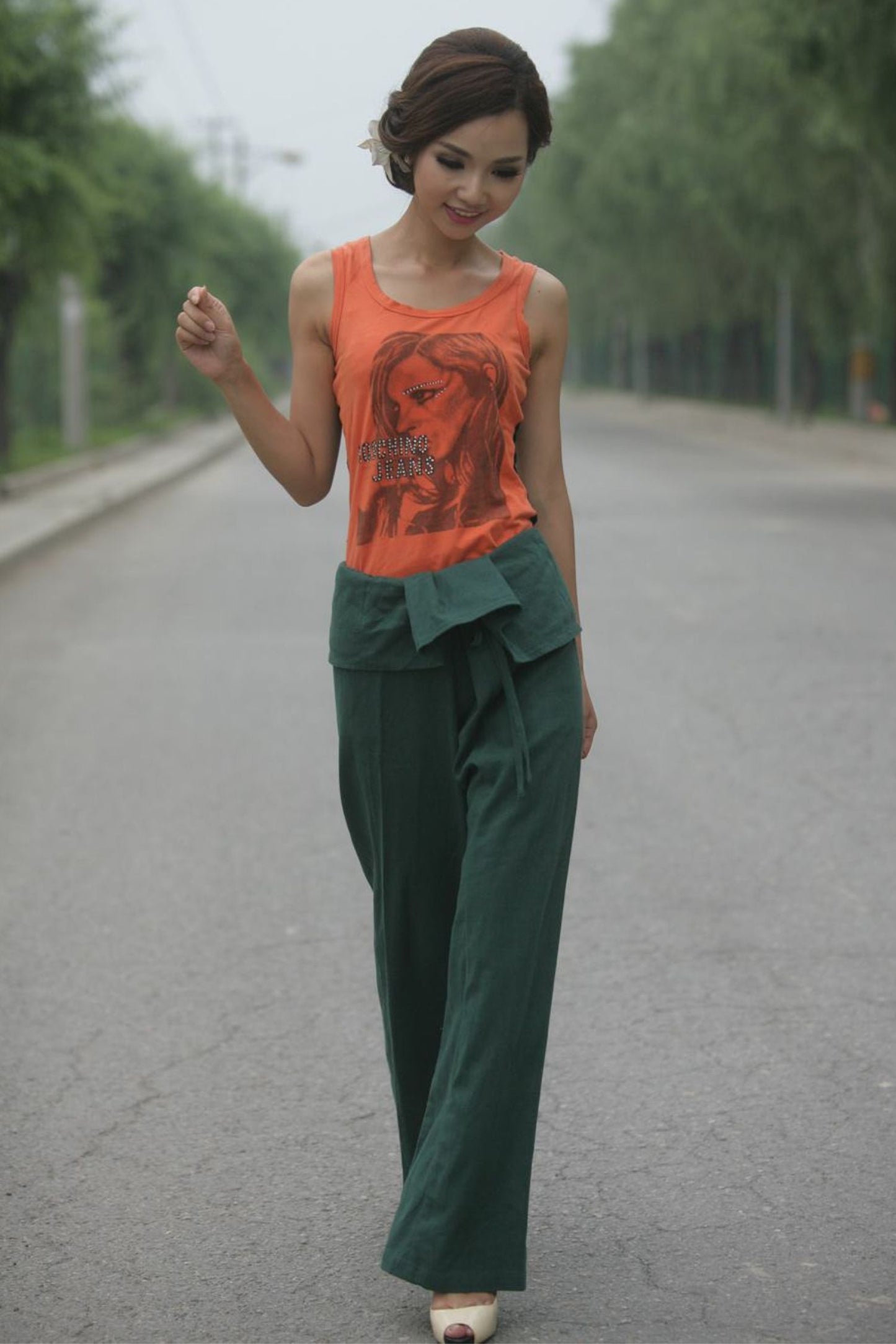 Irregular Waist Green Wide Leg Straight Leg Pants C156