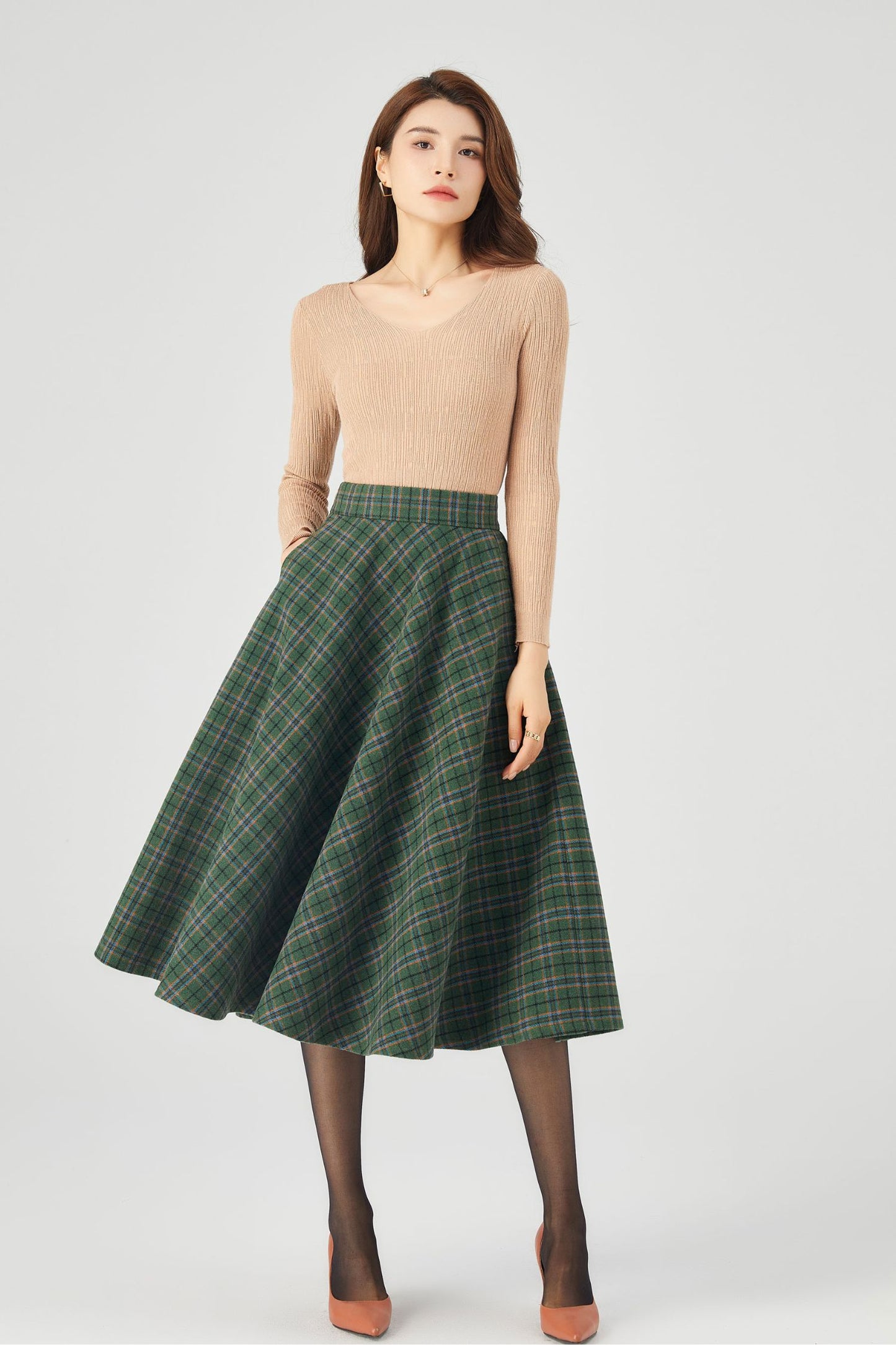Winter Plaid Midi Wool Skirt C3686