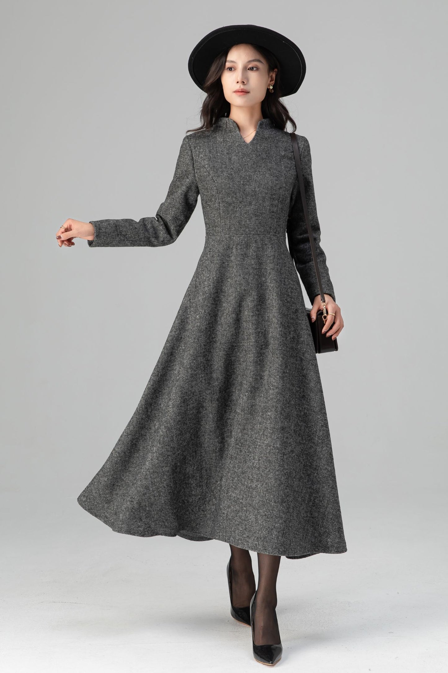 Warm Grey Long Sleeves Wool Maxi Dress C5204