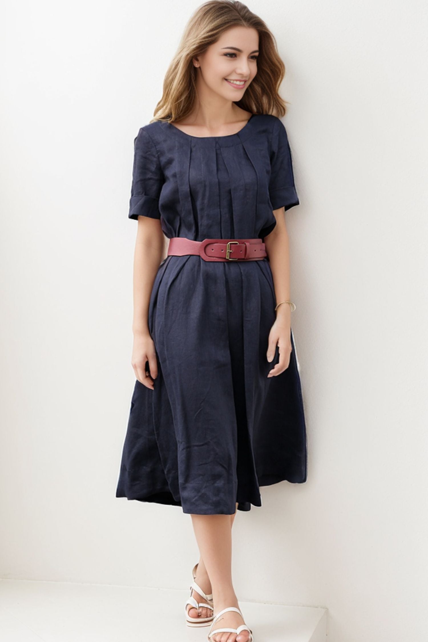 Blue Linen A-Line Dress with Pintuck - Loose Fit Summer Dress Blue / XS Blue Linen A-Line Dress with Pintuck - Loose Fit Summer Dress Blue / XS