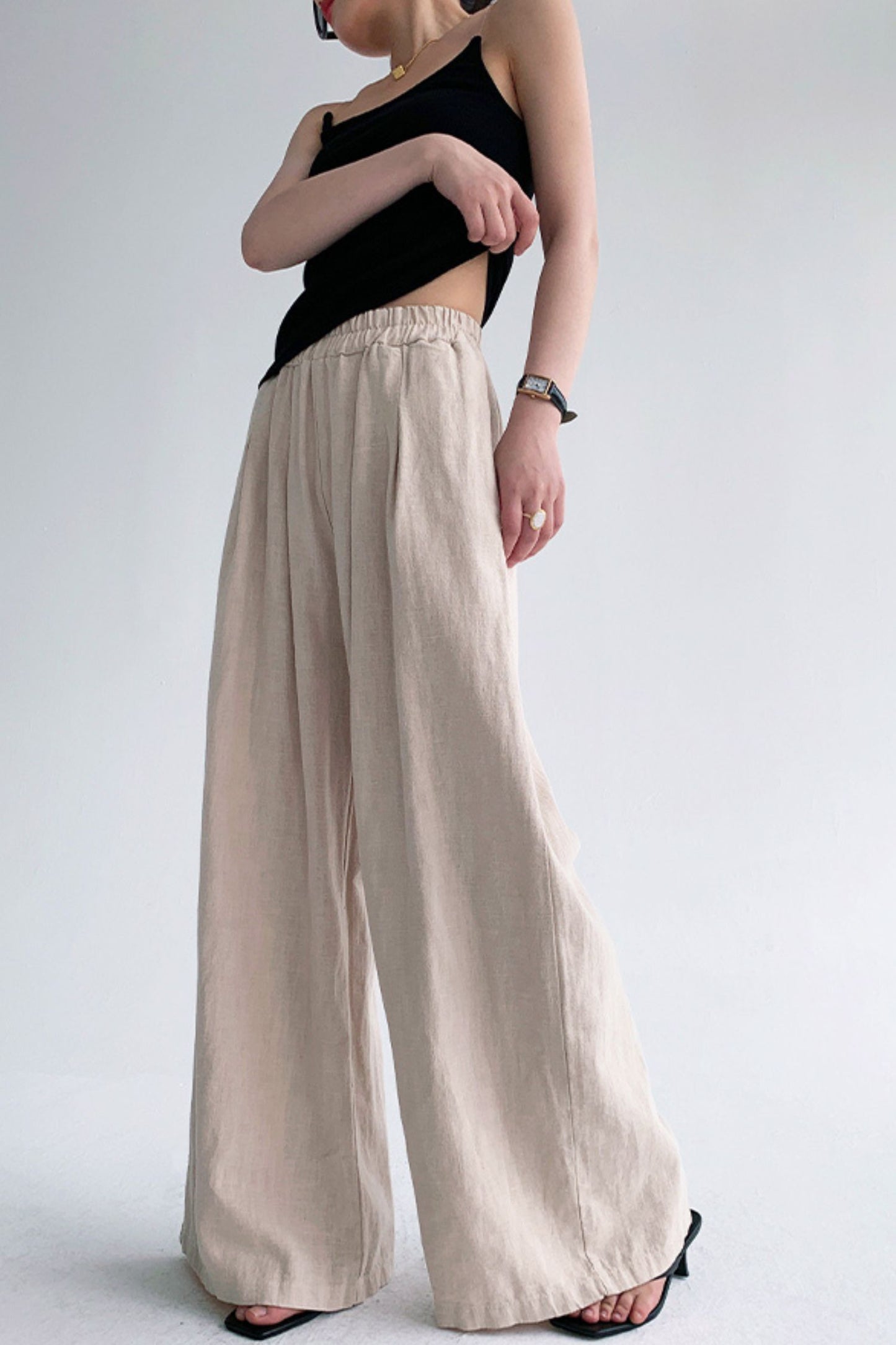 Elastic waist wide leg linen pants L0606