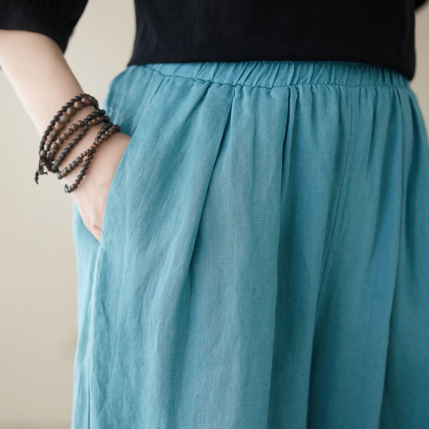 Blue elastic Waist casual linen pants C3965