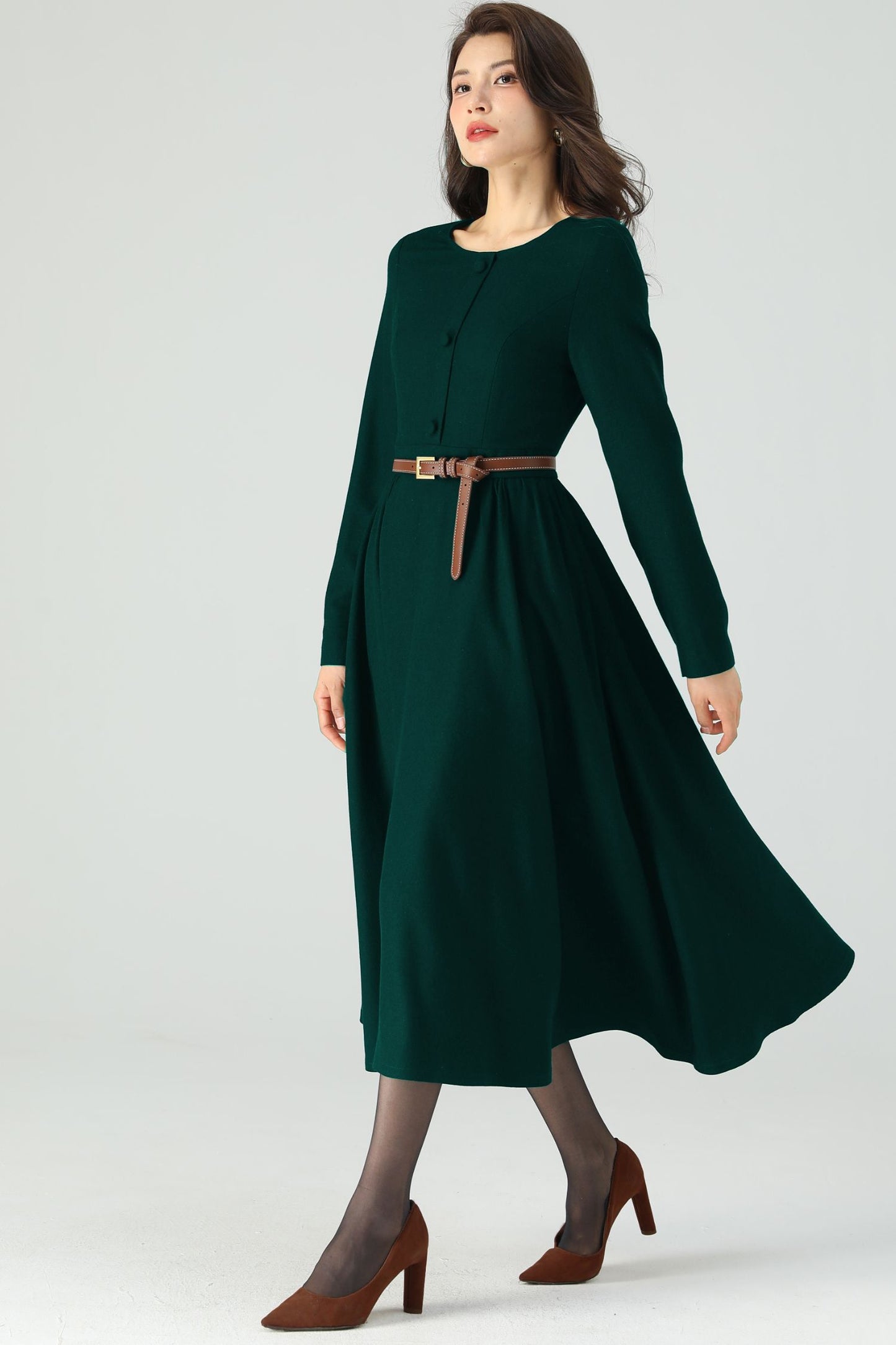 Dark Green Midi Wool Dress C4528