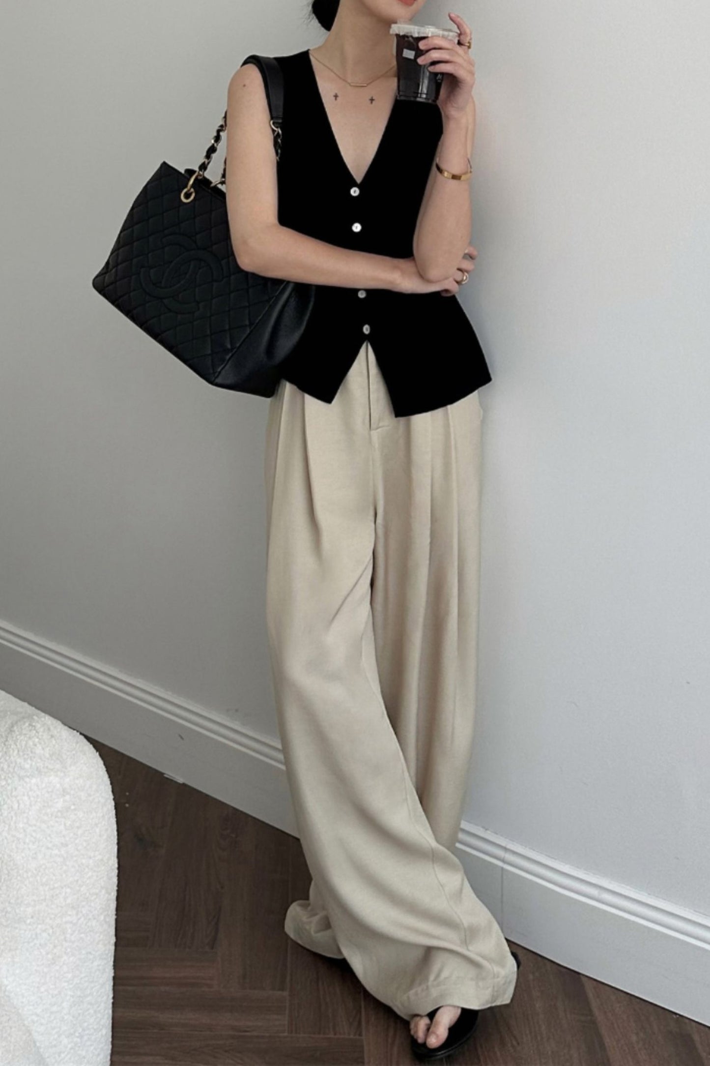 Linen wide leg high waisted pants L0618