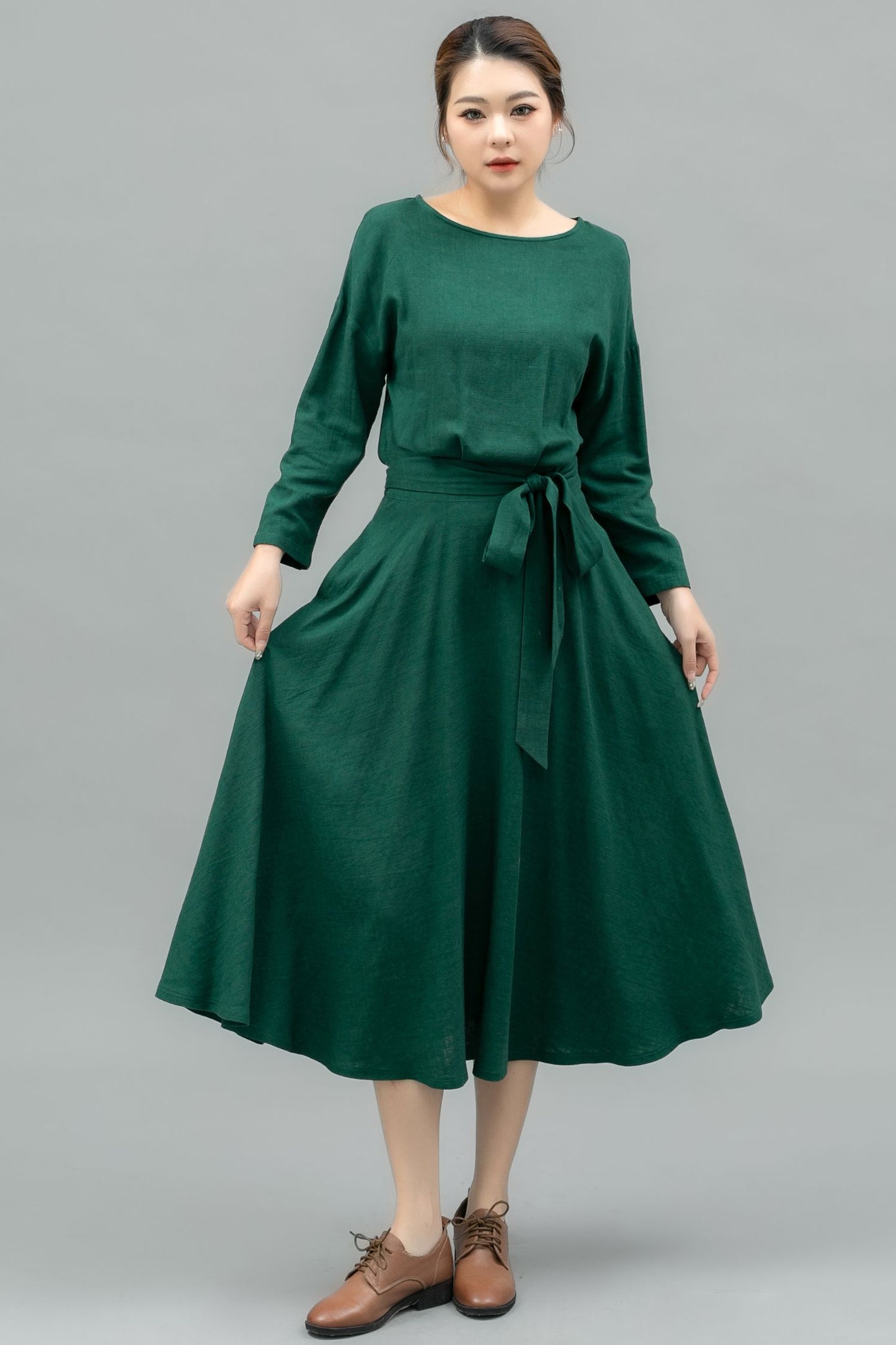Elegant Green Linen Midi Dress C4740