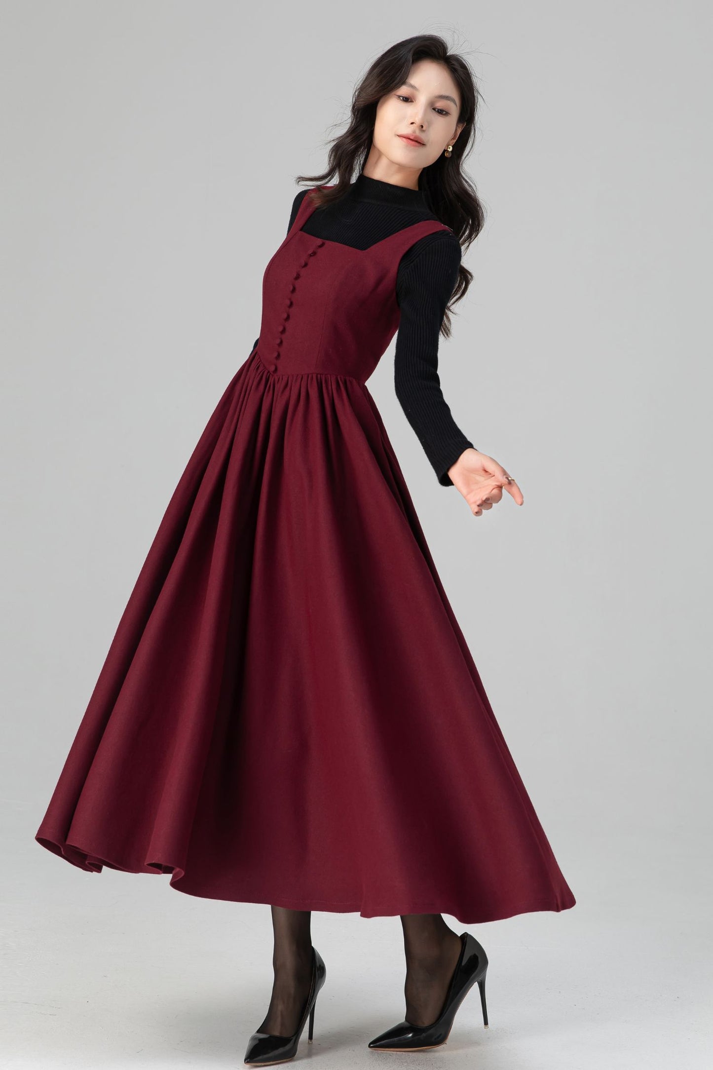 Square Neck Maxi Pinafore Wool Dress for Women C5201