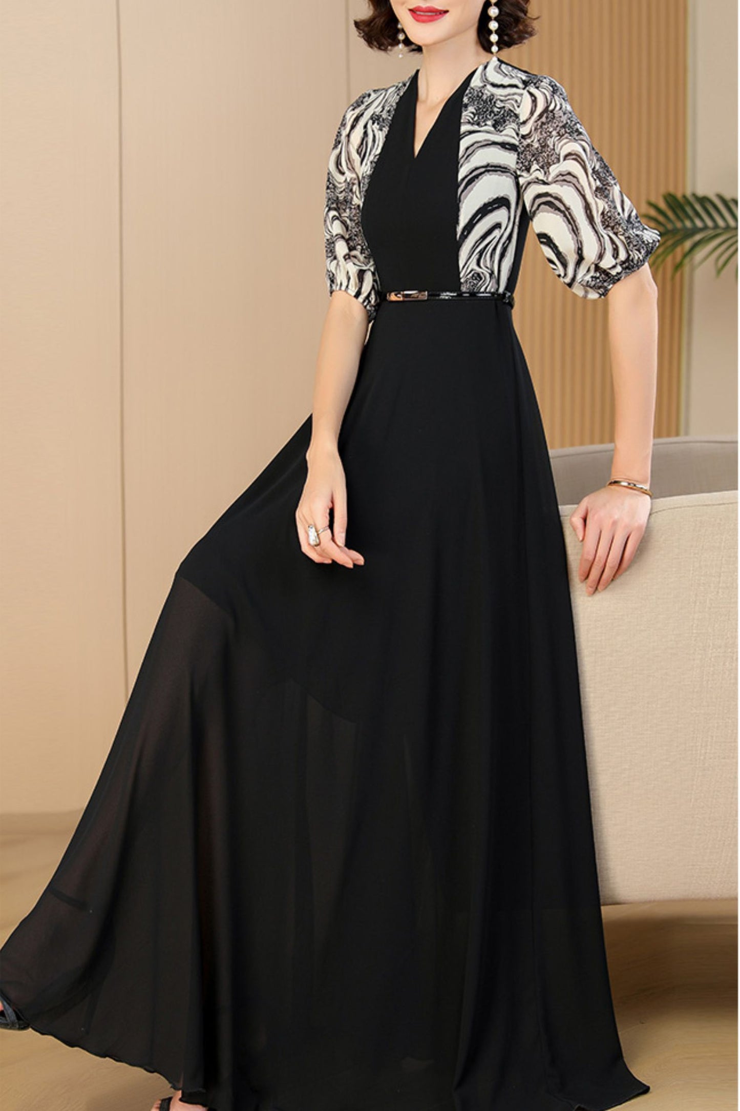 Black fake two-piece dress women long summer dress C4085