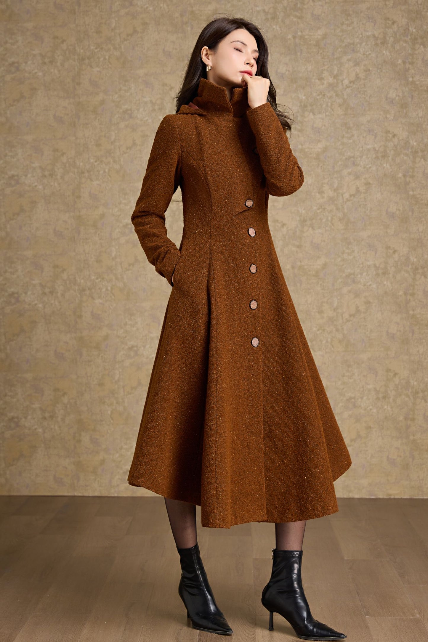 Asymmetrical hooded winter wool coat - C4475