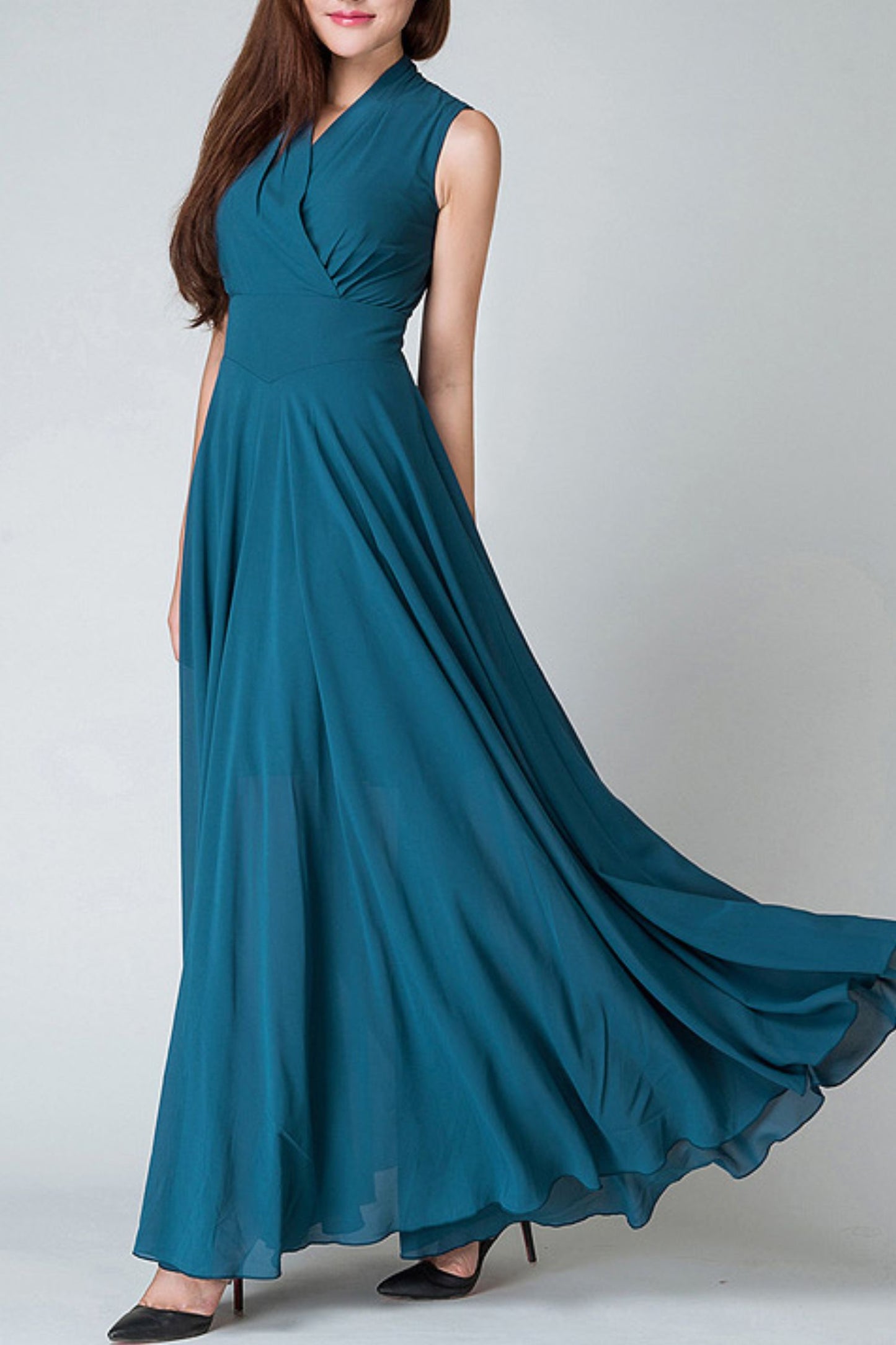 Women's New Chiffon Long V-neck Sleeveless Dress C4095