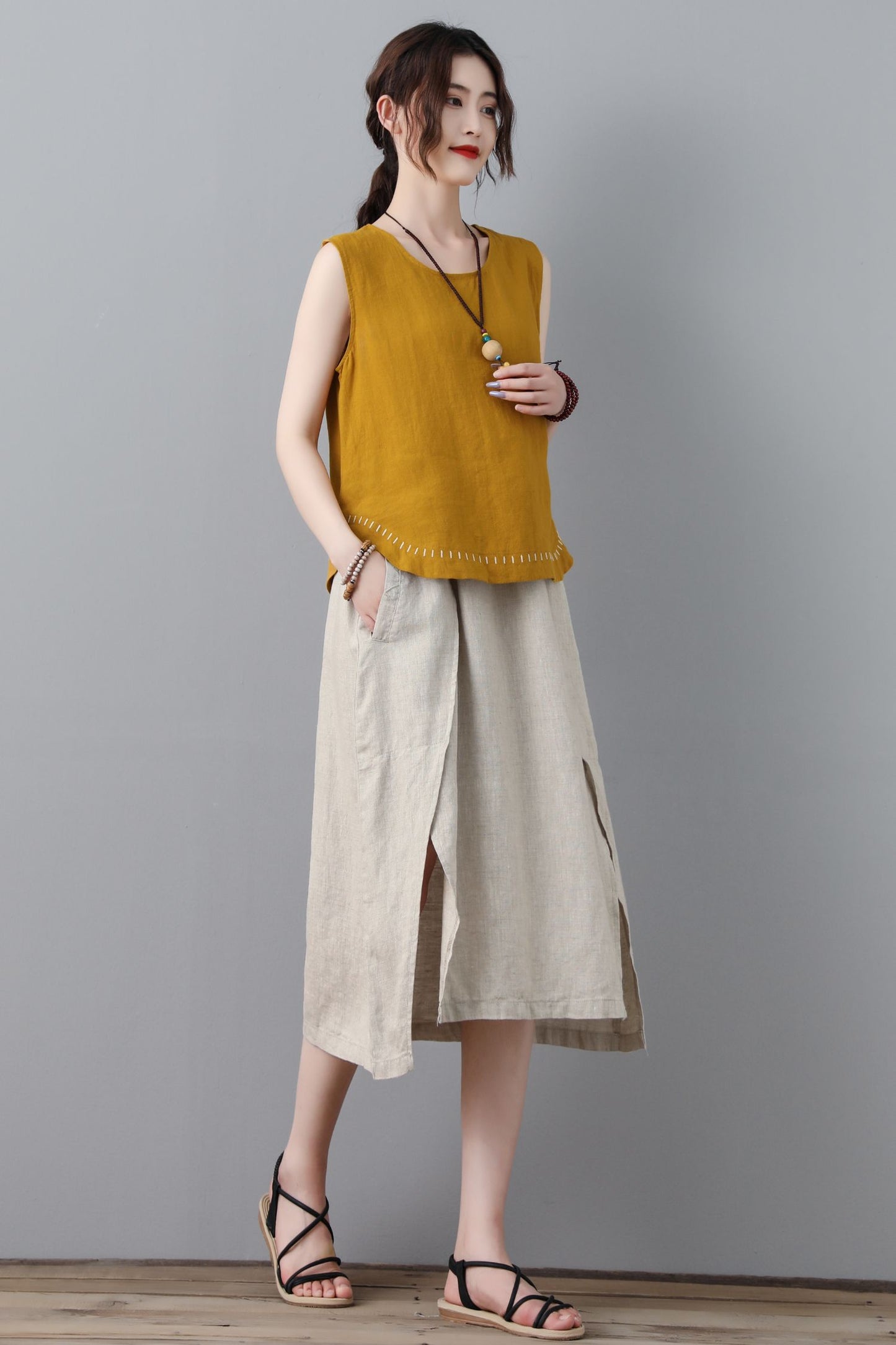 linen midi women summer natural A line skirt C2306