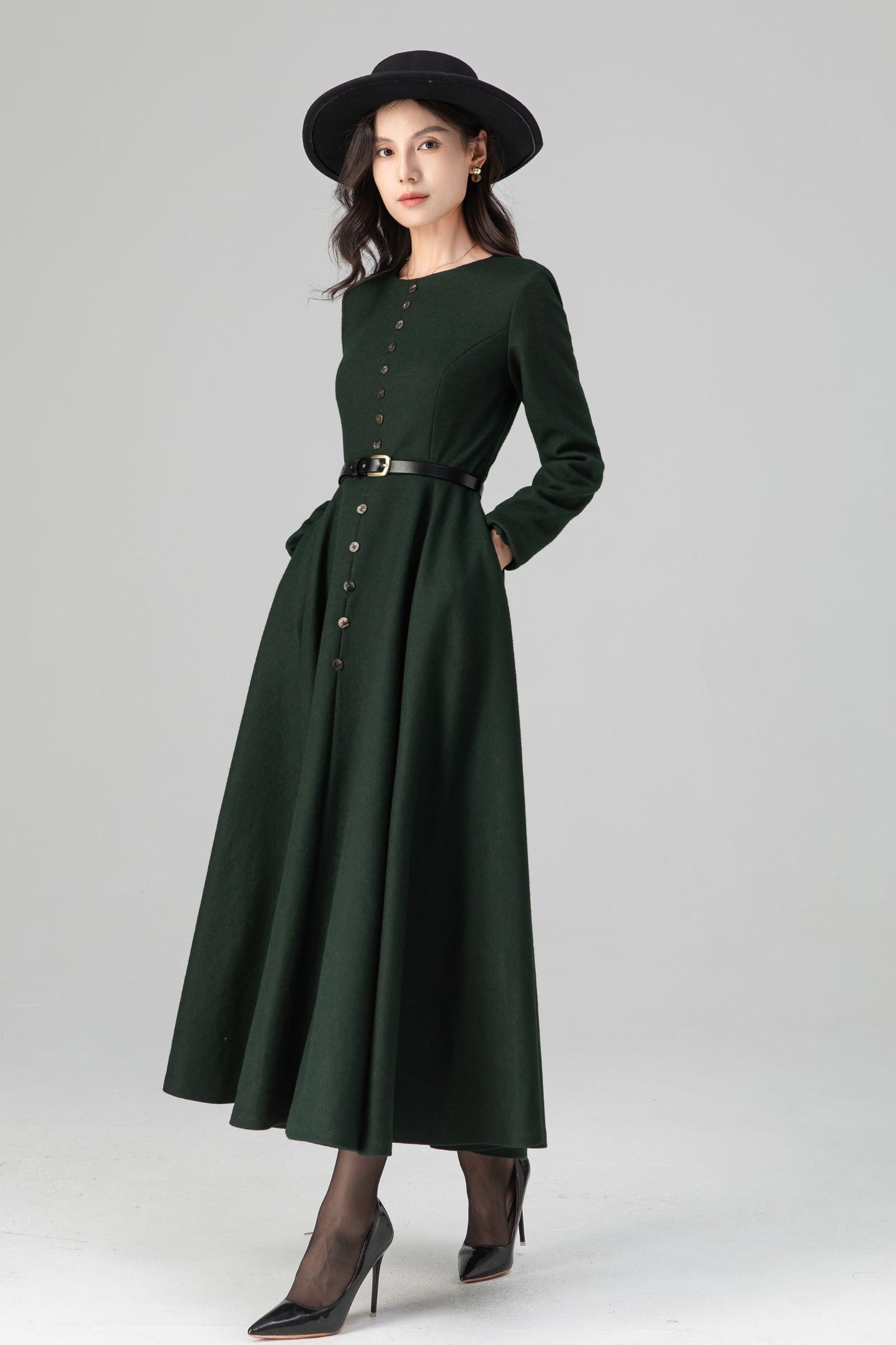 Retro Button Down Dark Green Midi Maxi Wool Dress C5202
