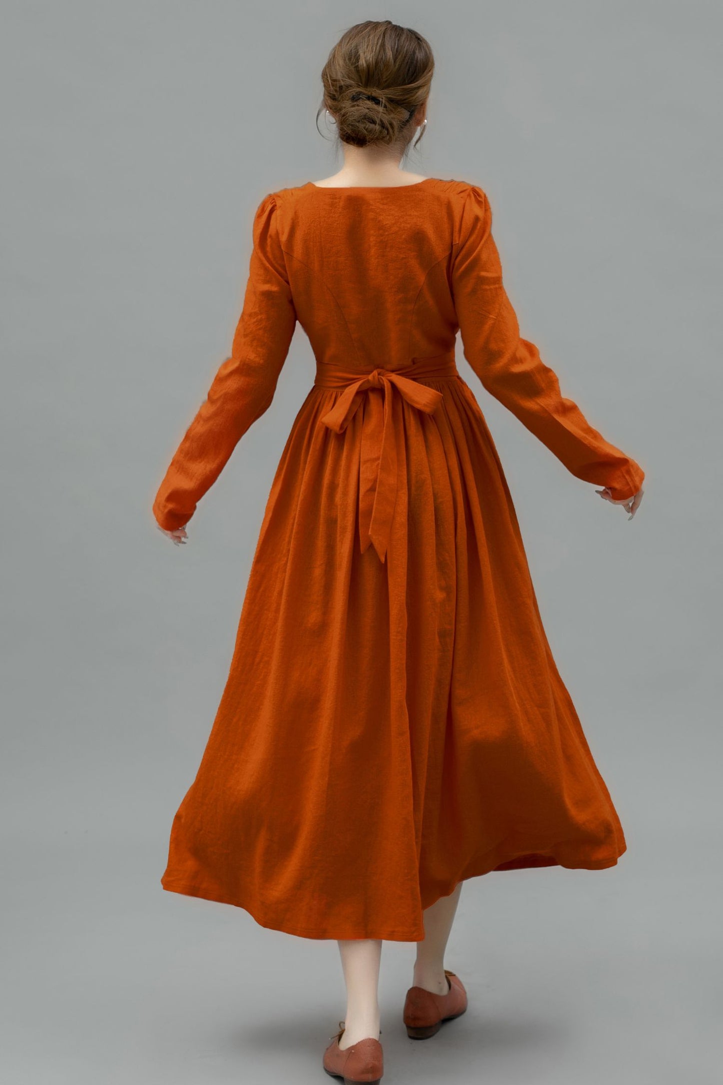 Long Sleeve Orange Linen Dress for Women C4750
