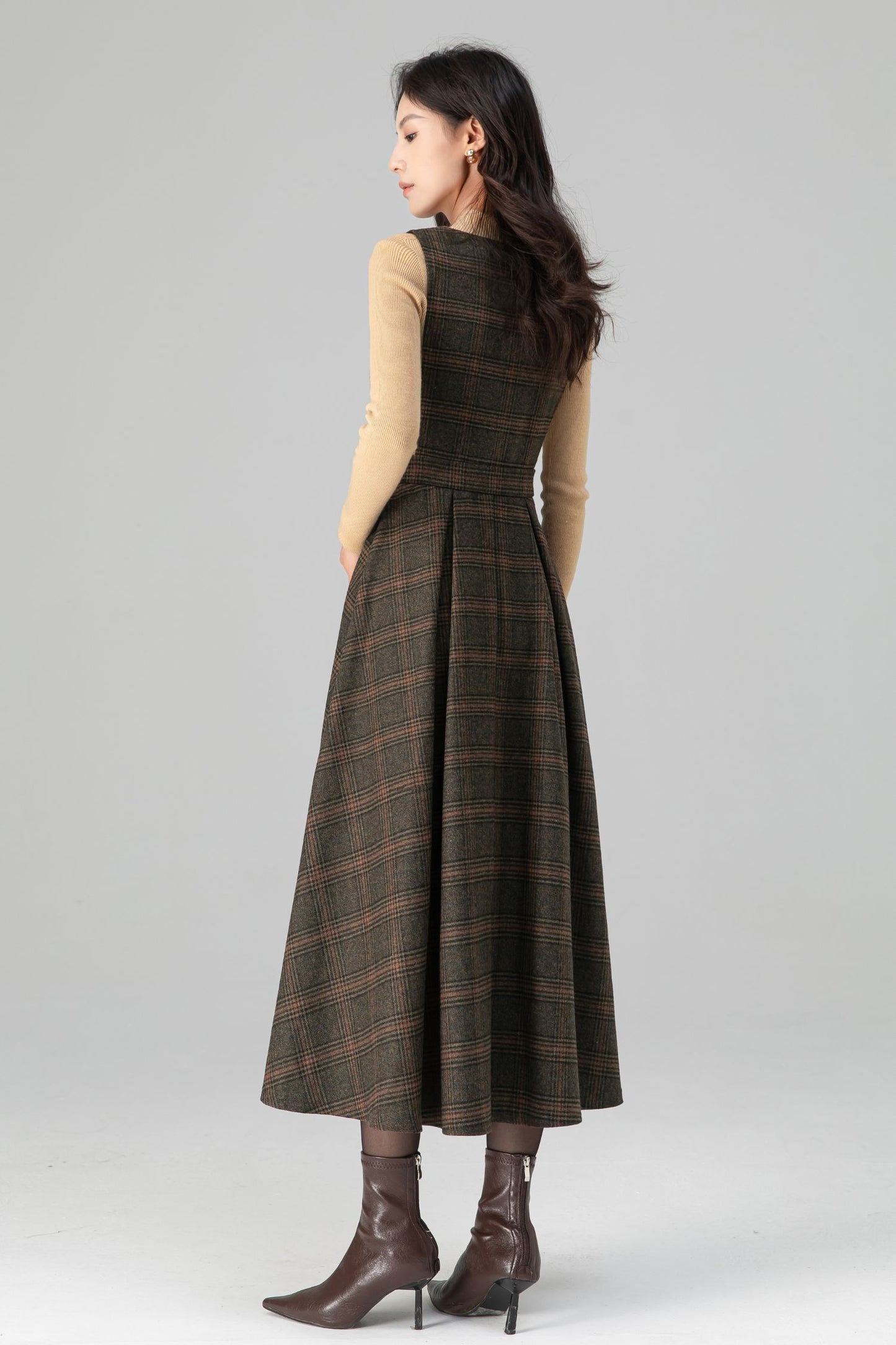Classic Plaid A Line Apron Midi Wool Dress C5196