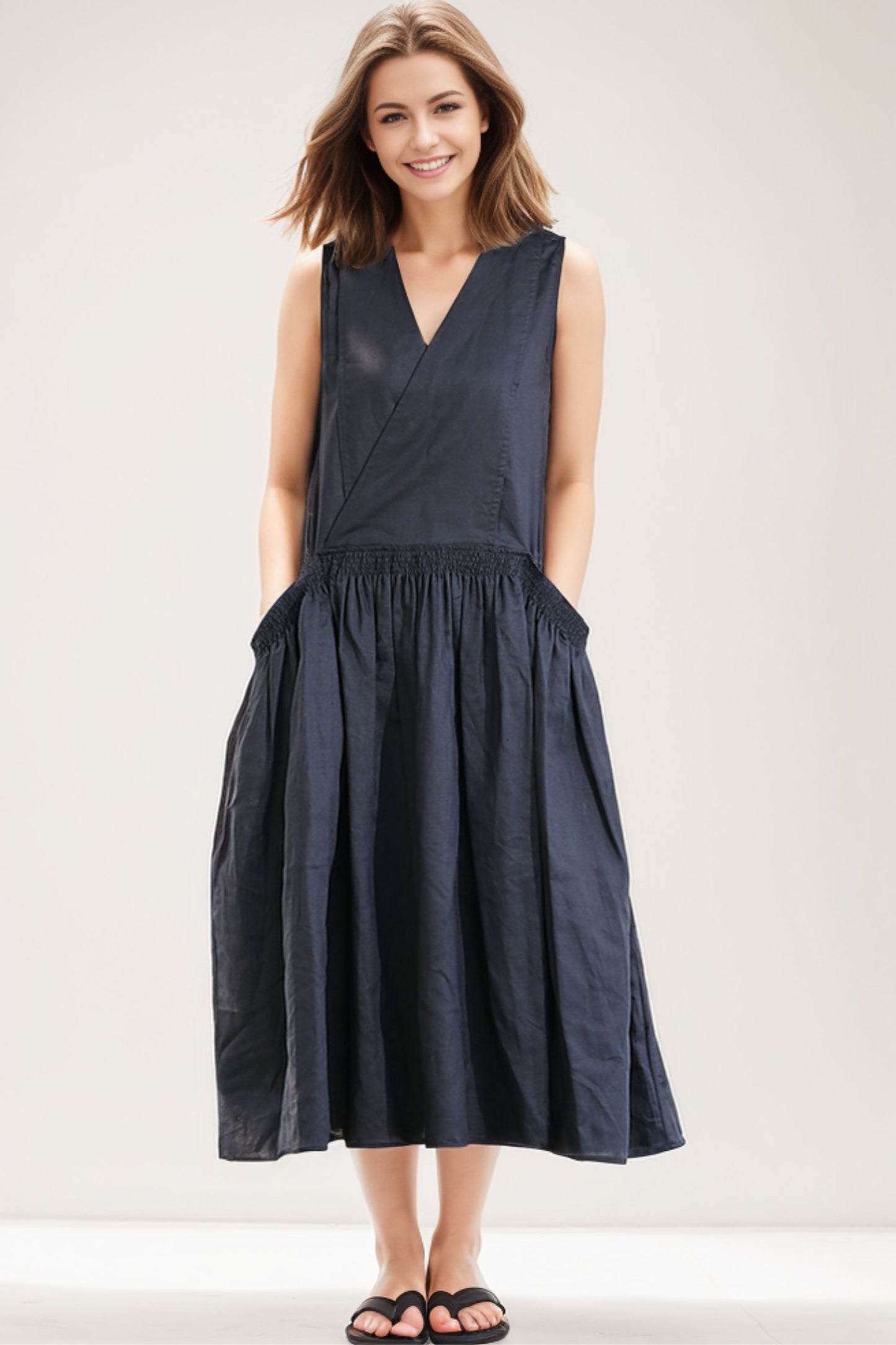Midi linen black womens summer dress C277