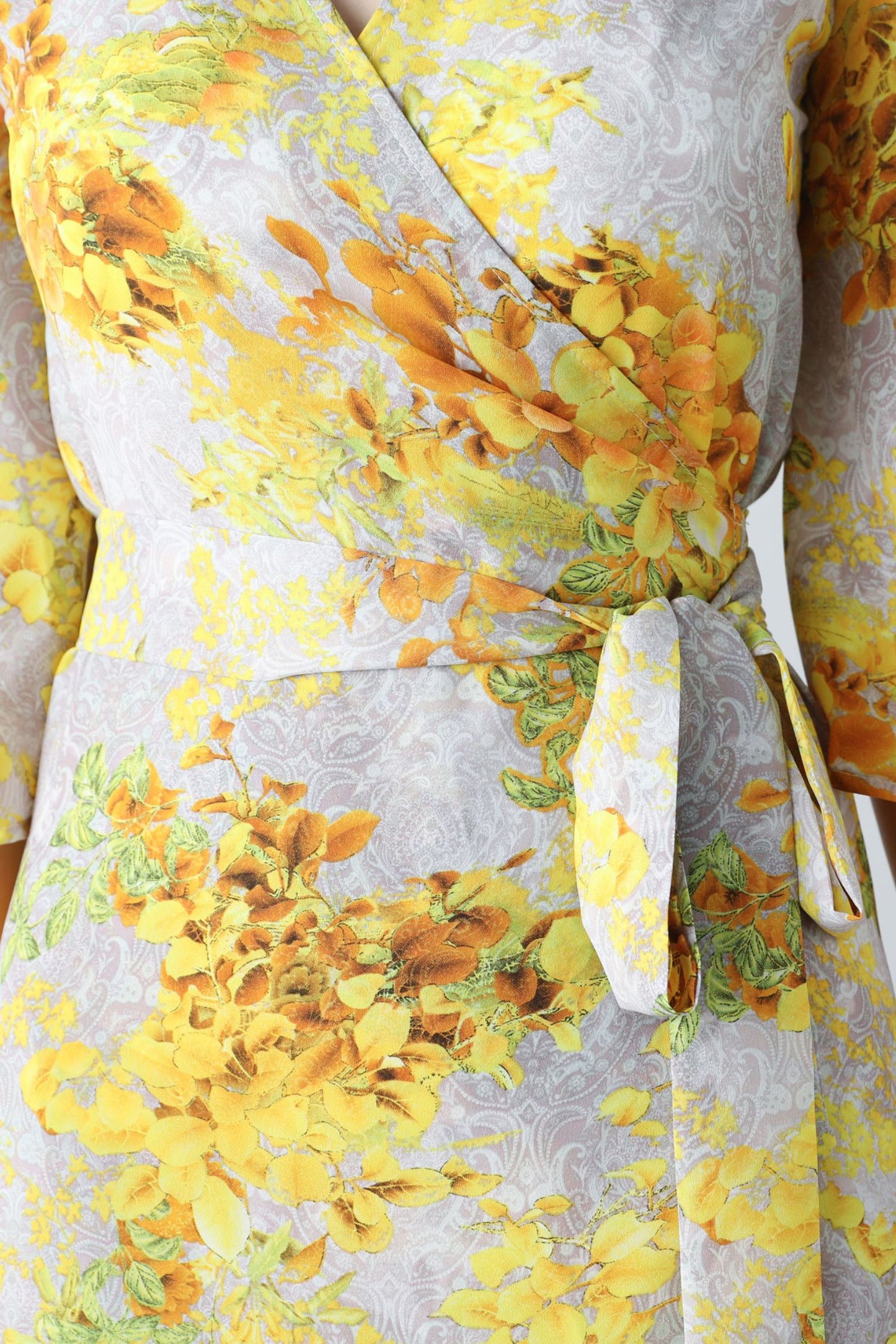 Yellow floral V-neck romantic dress C3453