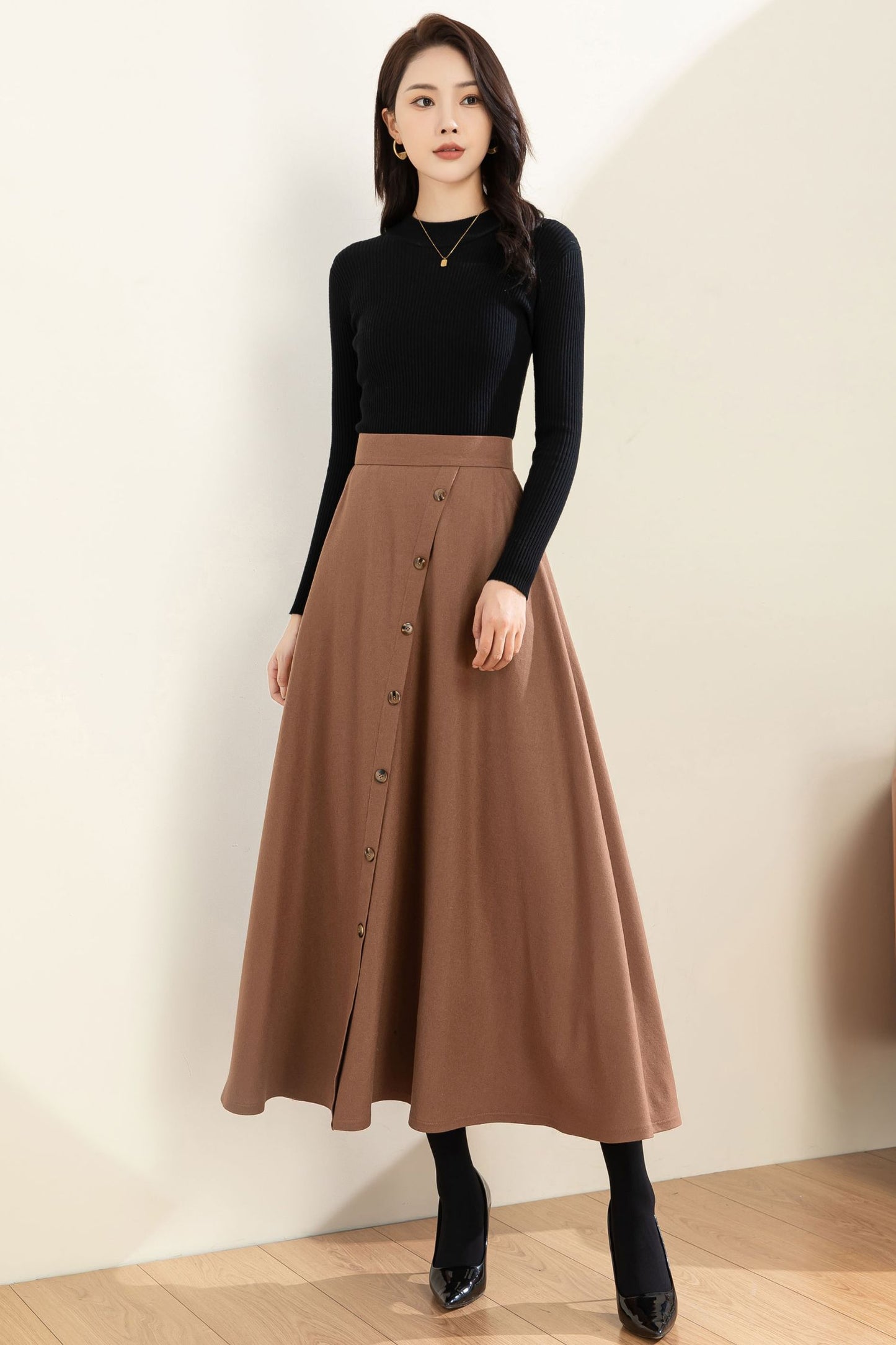 Midi Wool A Line Button Down Skirt C3602