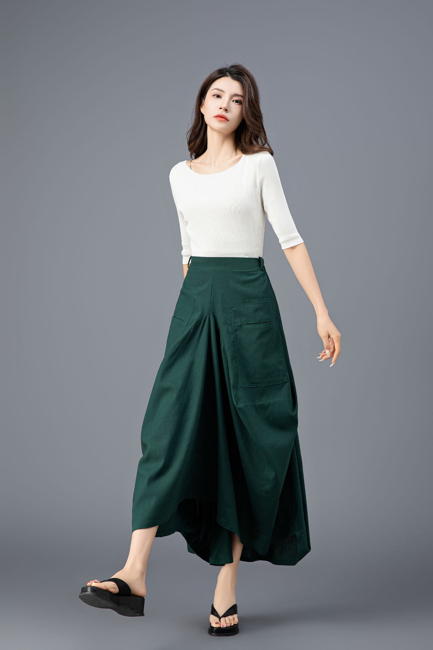 Women's Green Asymmetrical Casual Linen Skirt C3919