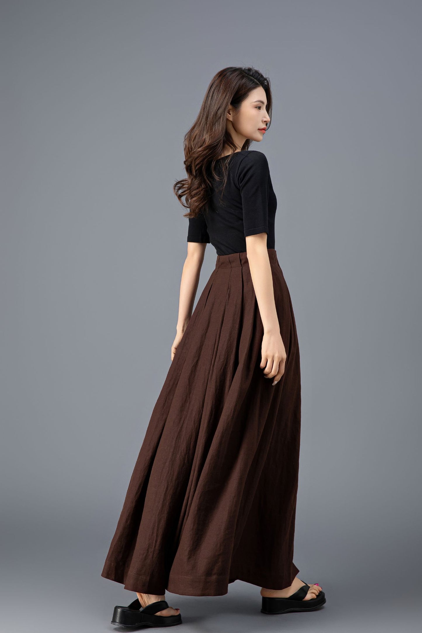 Bohemian Brown Linen Maxi Skirt C3920